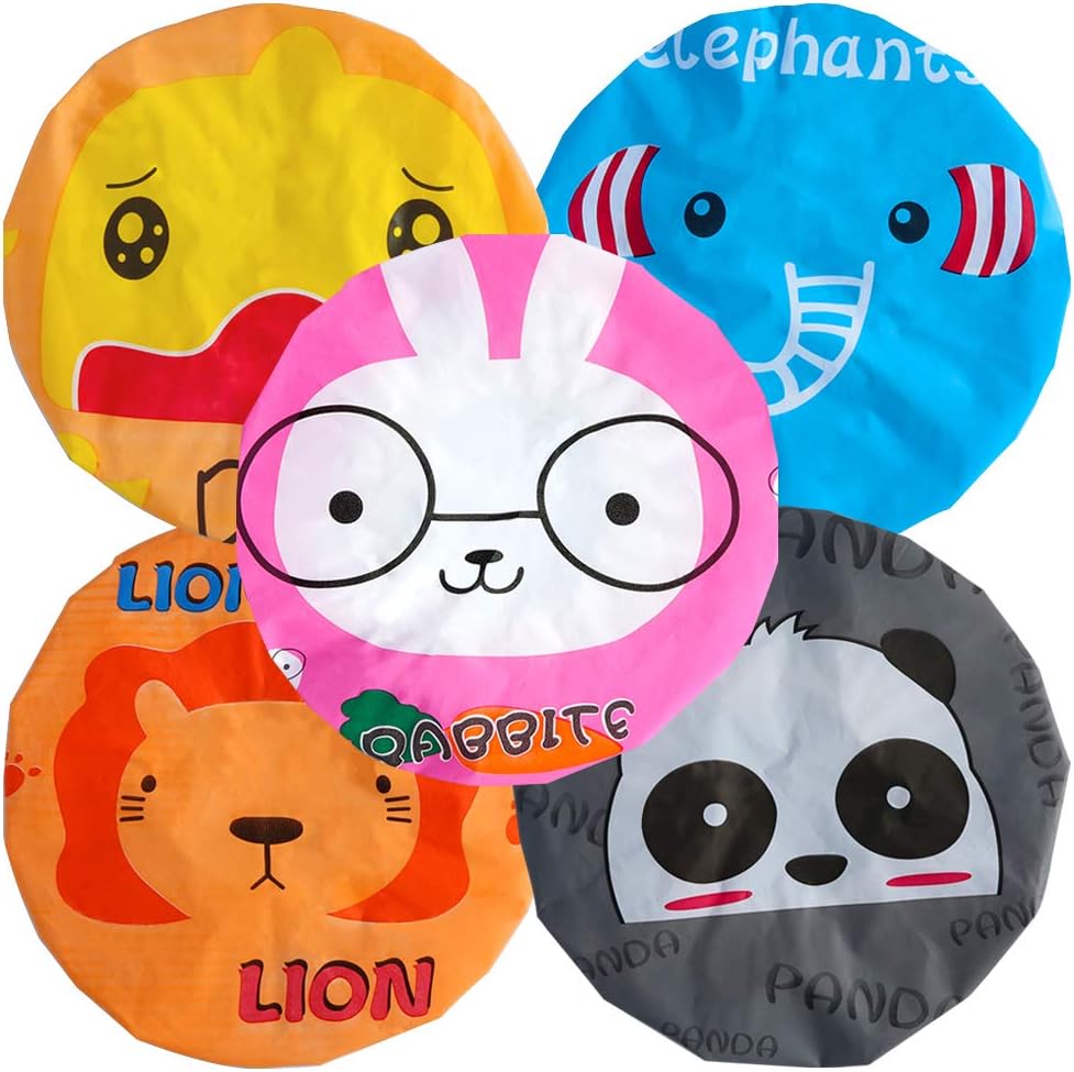 DHE Animal Cartoon Waterproof Elastic Shower Cap Bath Cap for Women and Girls and Kids-5pack