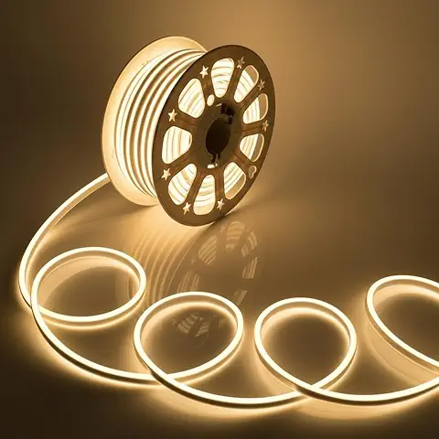 Hidden warm LED strip lights around the ceiling create soft indirect illumination that makes the room feel cozy and premium. They also highlight architectural details and give the space a modern designer finish.
