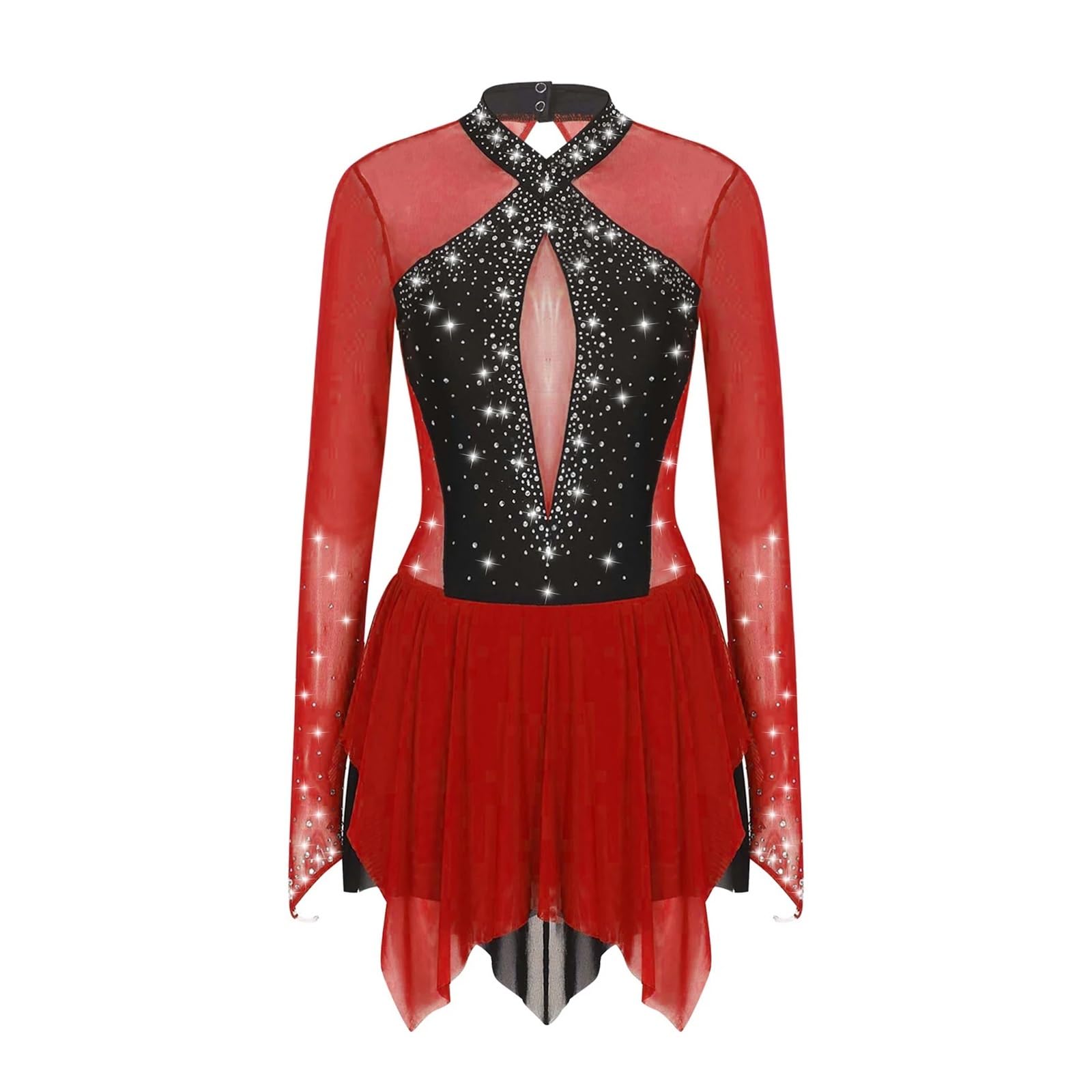 Body Pattinaggio Vestito da Pattinaggio su Ghiaccio con Strass Scintillanti da Donna, Body da Danza, Patchwork, Orlo Irregolare, Manica Lunga, Abbigliamento da Ballo lirico(Deep Red,S)