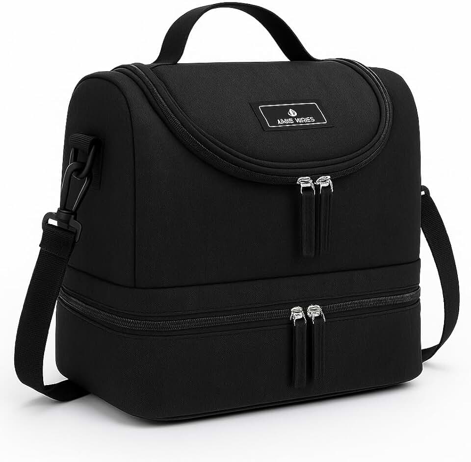 Lancheira Térmica Bolsa com Alça de mão e ombro Para Marmita Adulta Dividida em 2 andares com zíper (Preto)