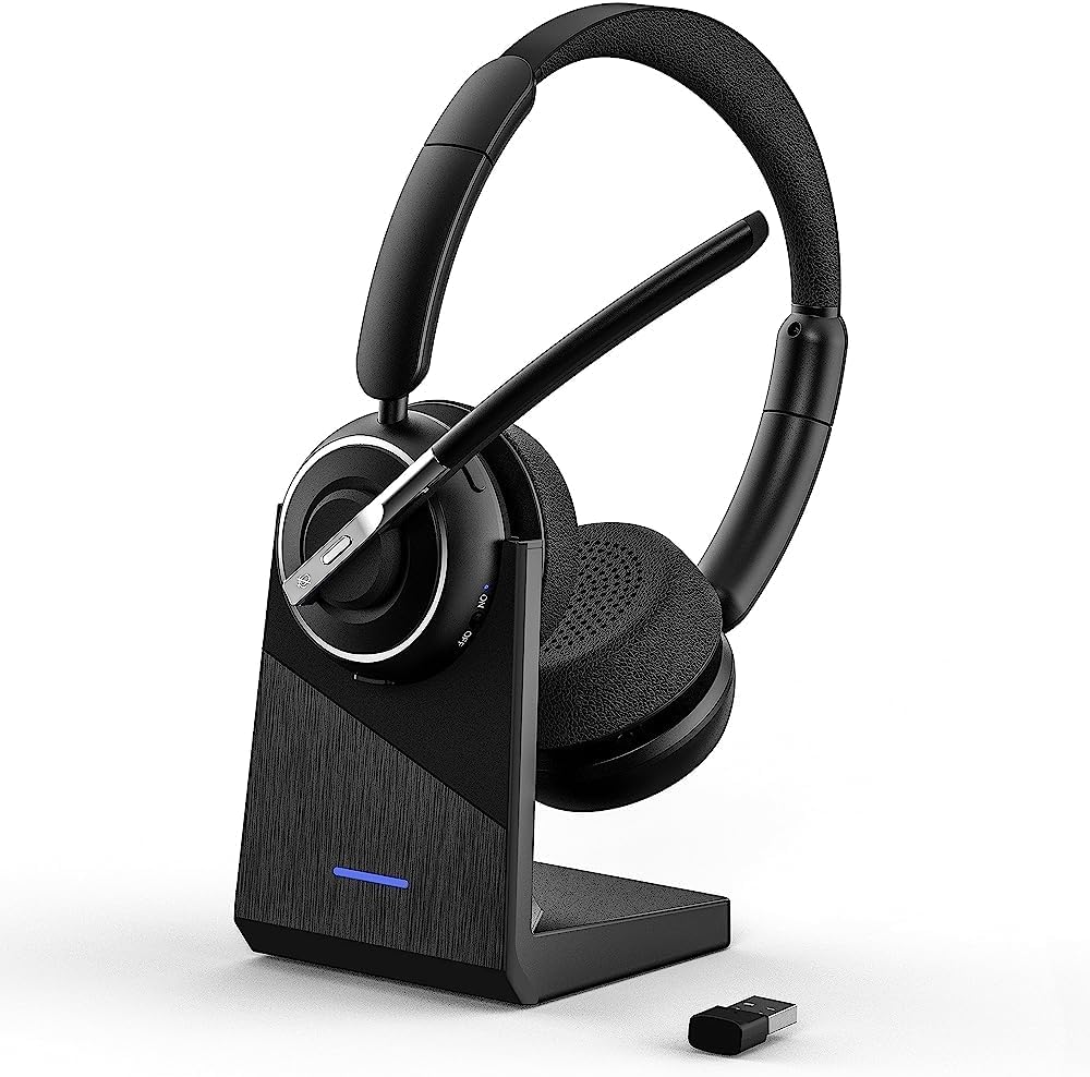 Bluetooth Headset, V5.2 Wireless Headset with AI Noise Cancellation Microphone, On Ear Headphones with Charging Base and Bluetooth Adapter, for Computer Home Office Call Center Zoom Skype