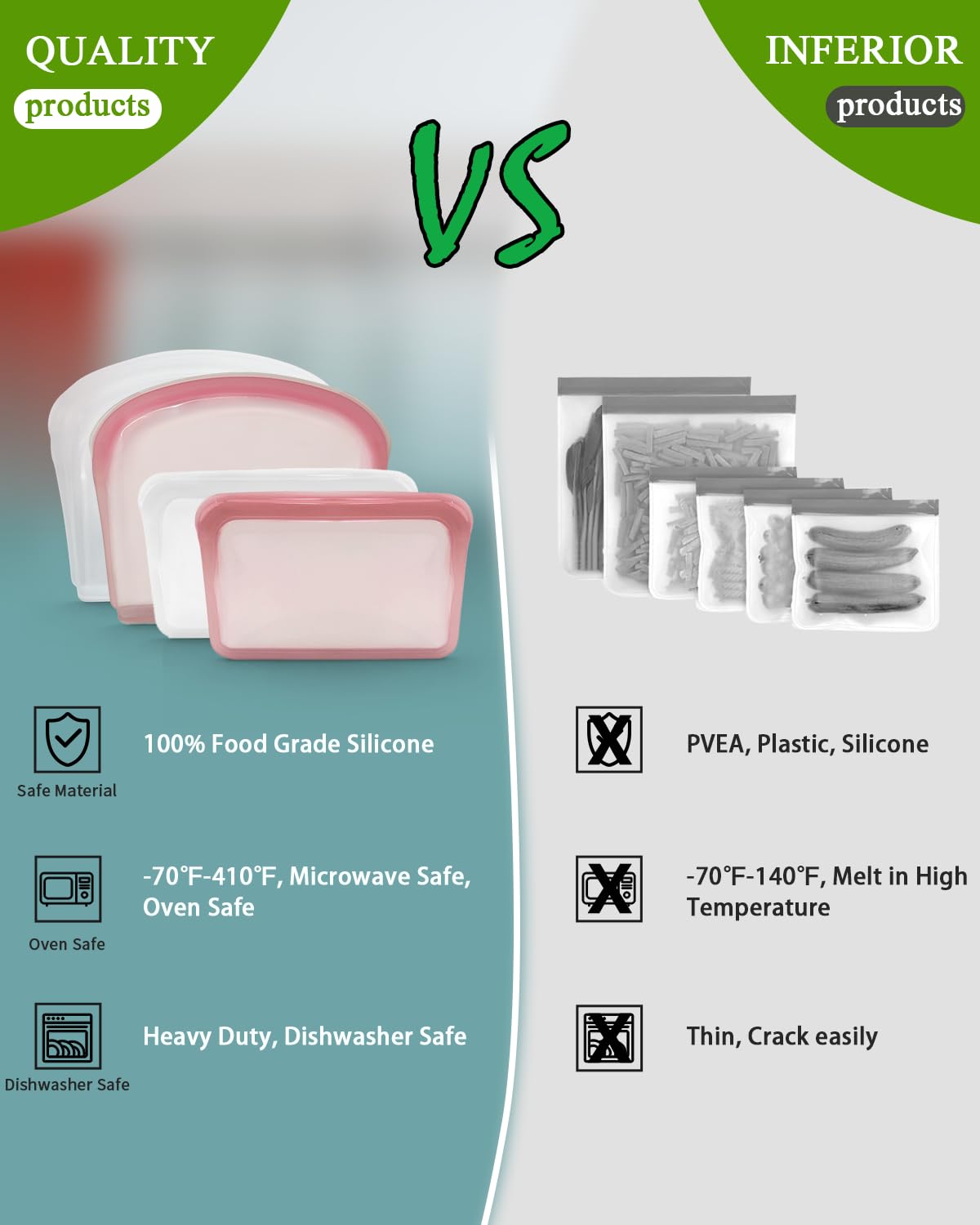 Sacchetti riutilizzabili in silicone, confezione da 4 sacchetti in silicone per snack, sandwich e sandwich, resistenti, per conservare alimenti, congelatore, microonde, forno, lavabili in