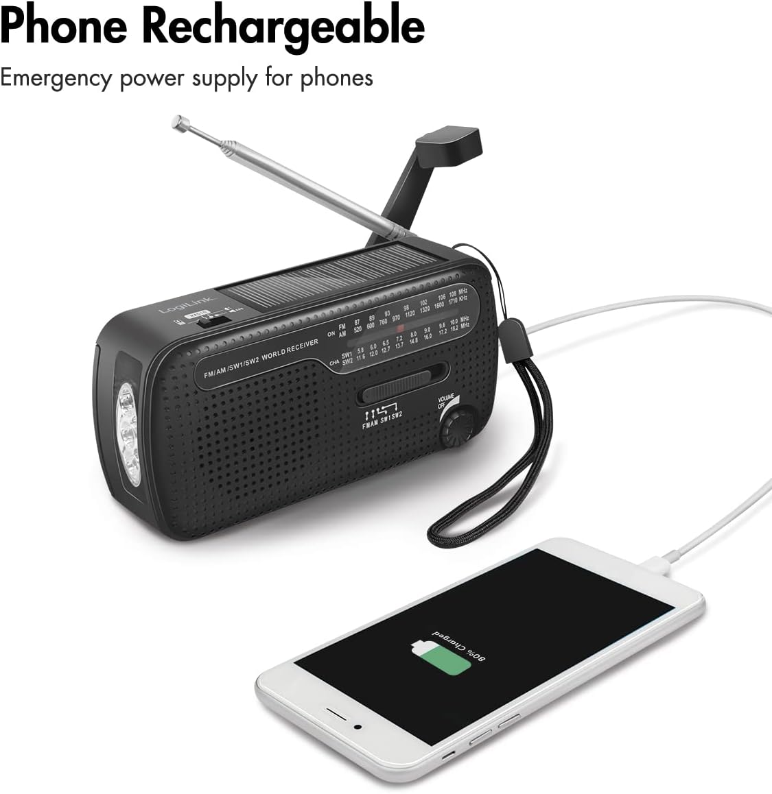 LogiLink Emergency Radio connected via USB cable to a smartphone, indicating the phone is charging.
