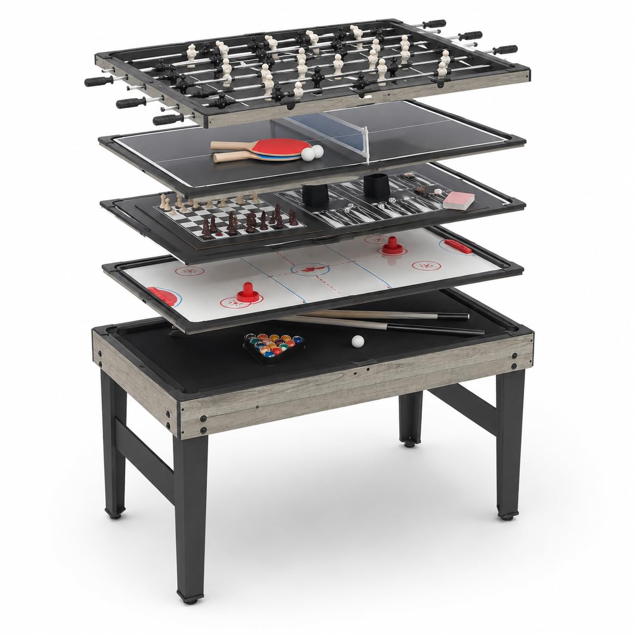 Tavolo multifunzione 10 in 1 con biliardo, biliardo e ping pong | Con 10 giochi e piastre impilabili per serate in famiglia, sala giochi e bambini dai 6 anni in su