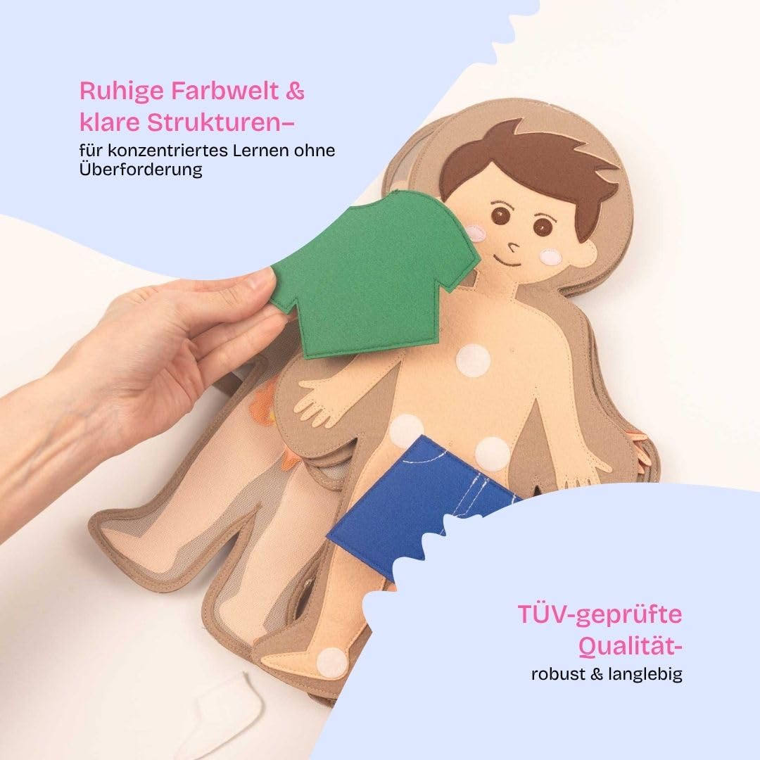 Jolly Designs Travel Buddy „Mein Körper – Junge“ – Interaktives Lernspielzeug zum menschlichen Körper – Montessori Spielzeug aus Filz – Fördert Feinmotorik & Körperwissen – Ideal für unterwegs
