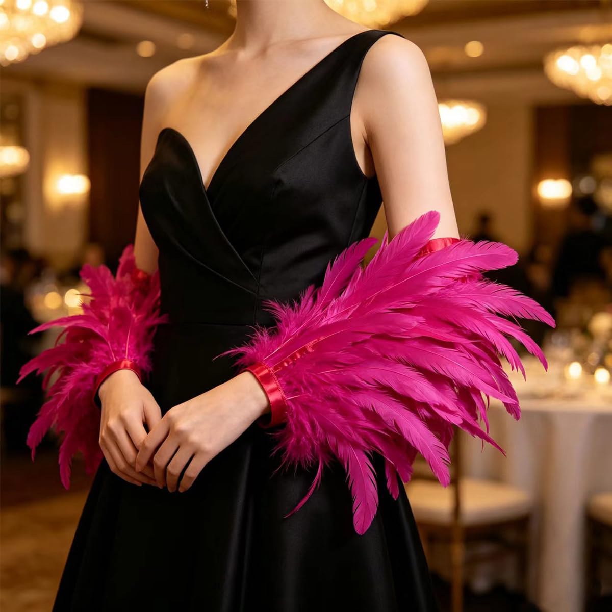 Flecos de Plumas de Coda de Gallo con Cinta de Satén, 2 Metros Largo y 28-33cm Ancho, Plumas Naturales para Costura, Disfraces, Carnaval, Halloween, Boda y DIY Artesanía (Fucsia)