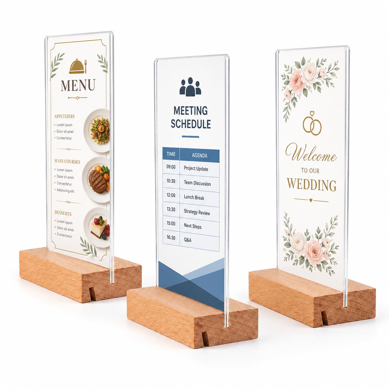 Support de panneau en acrylique transparent et socle en bois noble pour accueil haut de gamme
