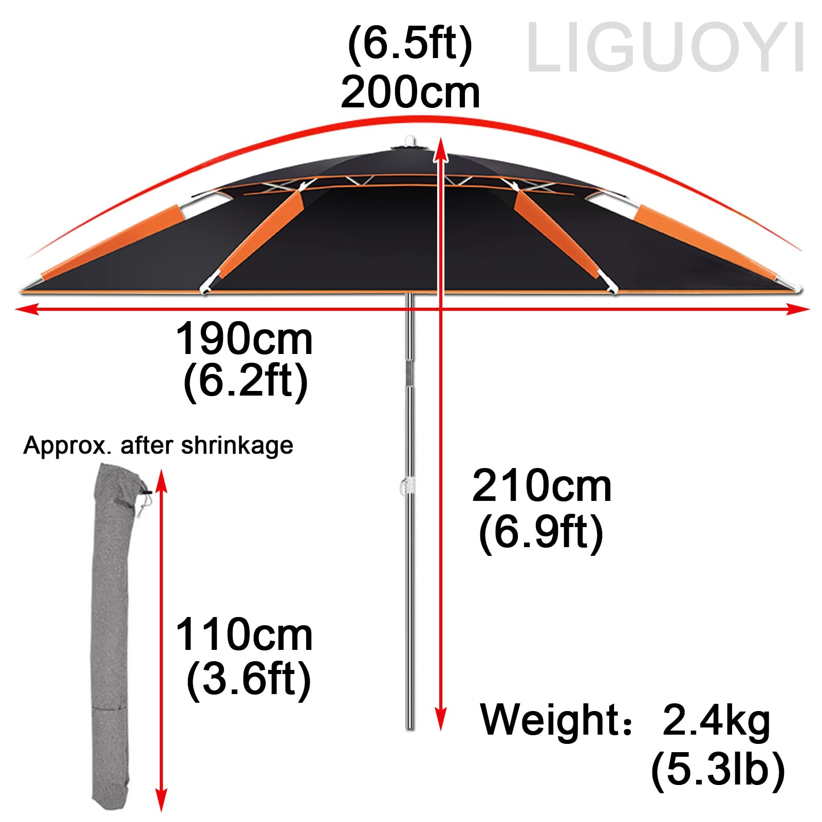 LIGUOYI Zewnętrzny parasol wędkarski parasol wędkarski, 18 m, okrągły przechylany UPF50+, przenośny parasol plażowy z kotwicą piaskową i torbą do przenoszenia, schronienie parasolowe ze stali nierdzewnej, Piasek, 200cm(6.5Ft)