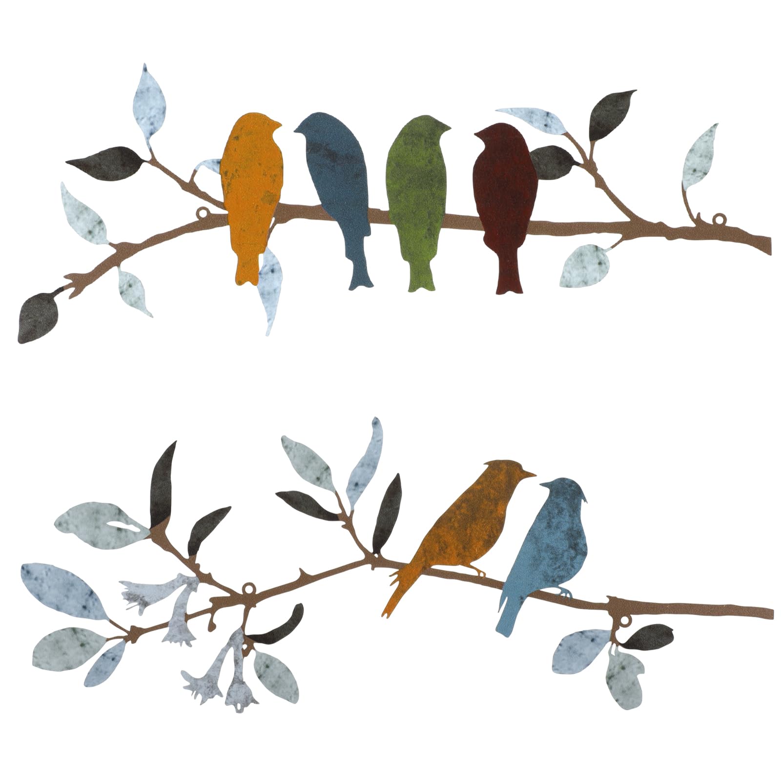 Demissle 2 Pcs Metal Birds Wall Art Decor Vivid Birds on Branch with Leaves Rustic Wall Decor Waterproof Metal Sculpture Hanging Sign for Home Balcony Garden Indoor Outdoor(Stylish Colors)