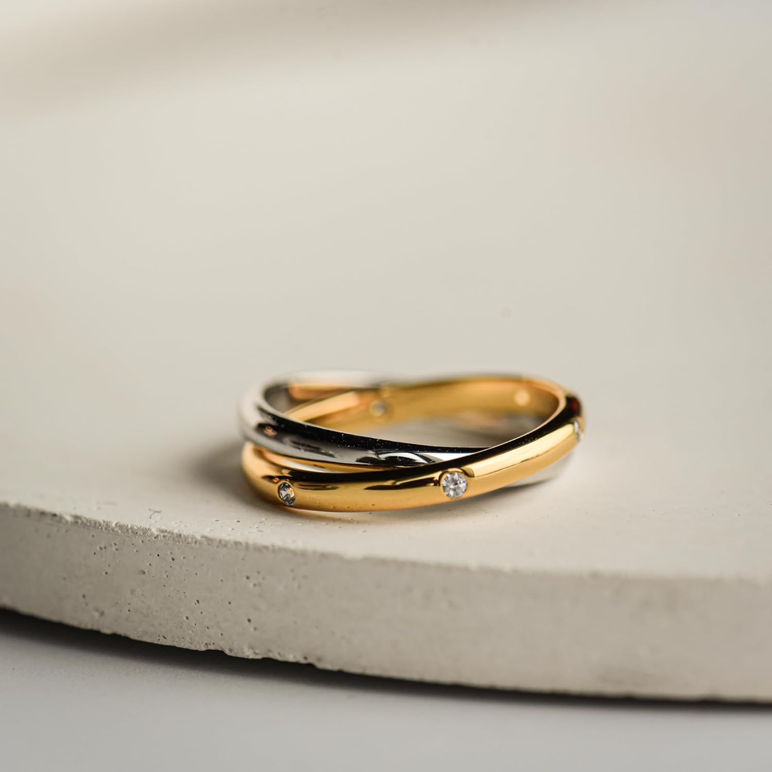 espere Two Tone Rolling Ring - Interlocked Stackable Rings for Women - Statement Mixed Metals Duo Ring Stack | Two-Toned Connected Linked Bands Stacking Jewelry