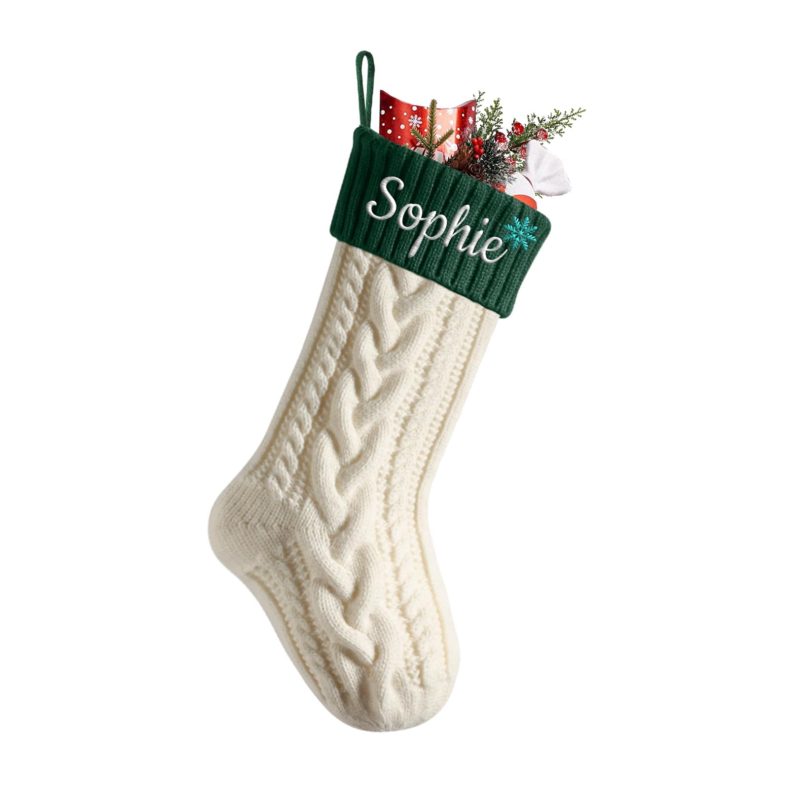 Cysincos Personalized Christmas Stockings with ICON Custom Name Family Christmas Stockings 18" Large Knitted Xmas Stocking, Stocking for Holiday Decoration,Ivory White (Body) / Dark Green (Mouth)