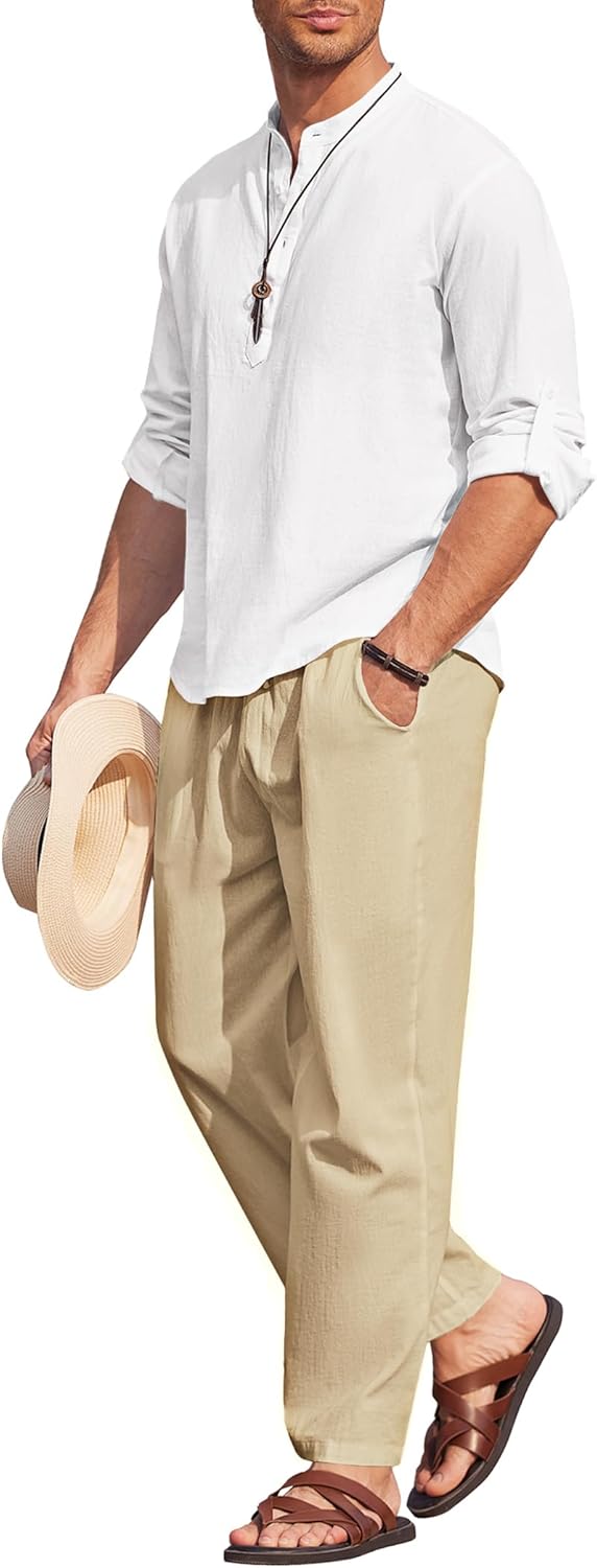 COOFANDY Men's 2 Pieces Cotton Linen Set Long Sleeve Henley Shirts Casual Beach Pants With Pockets Summer Yoga Outfits