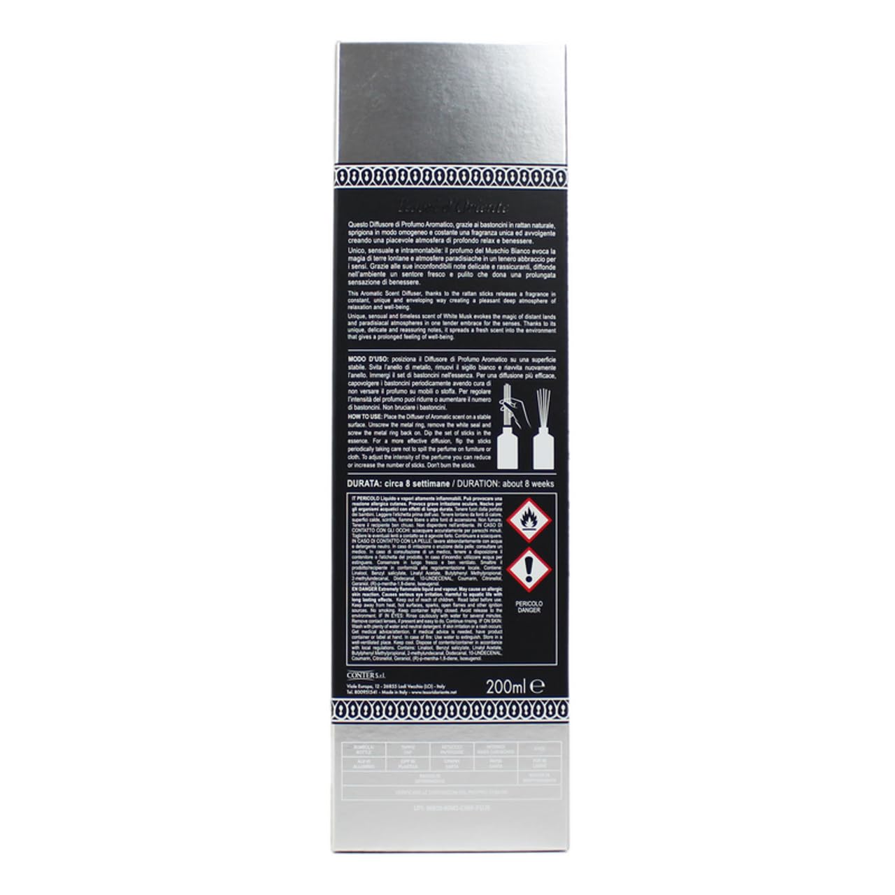 Tesori D´Oriente Lot de 6 diffuseurs de musc blanc pour bâtonnets Diffuseur de parfum d'ambiance avec bâtonnets 200 ml + porte-clés Beni Culinari