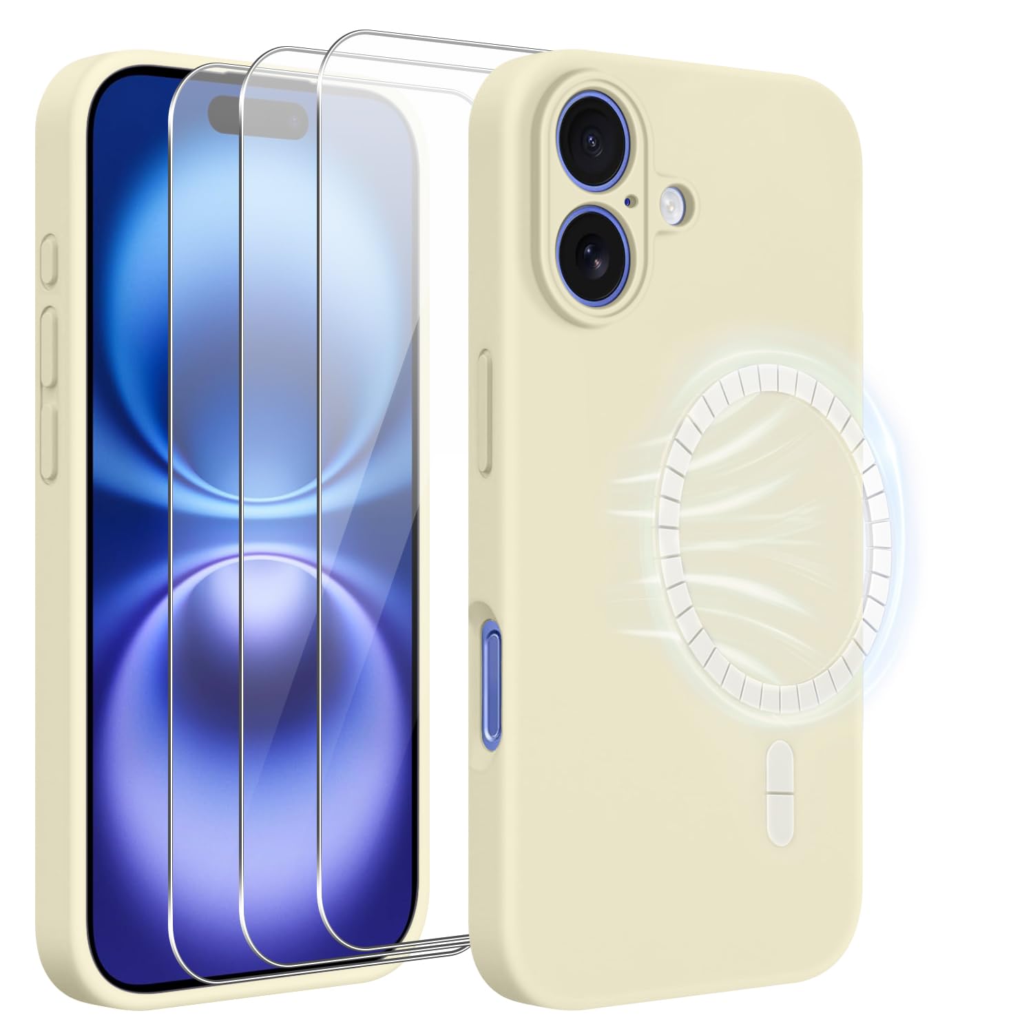 jrester Magnetic Cover per iPhone 16 con 3 Vetro Temperato Pellicola Protettiva, Bianco Morbido Silicone Protettiva Custodia per iPhone 16