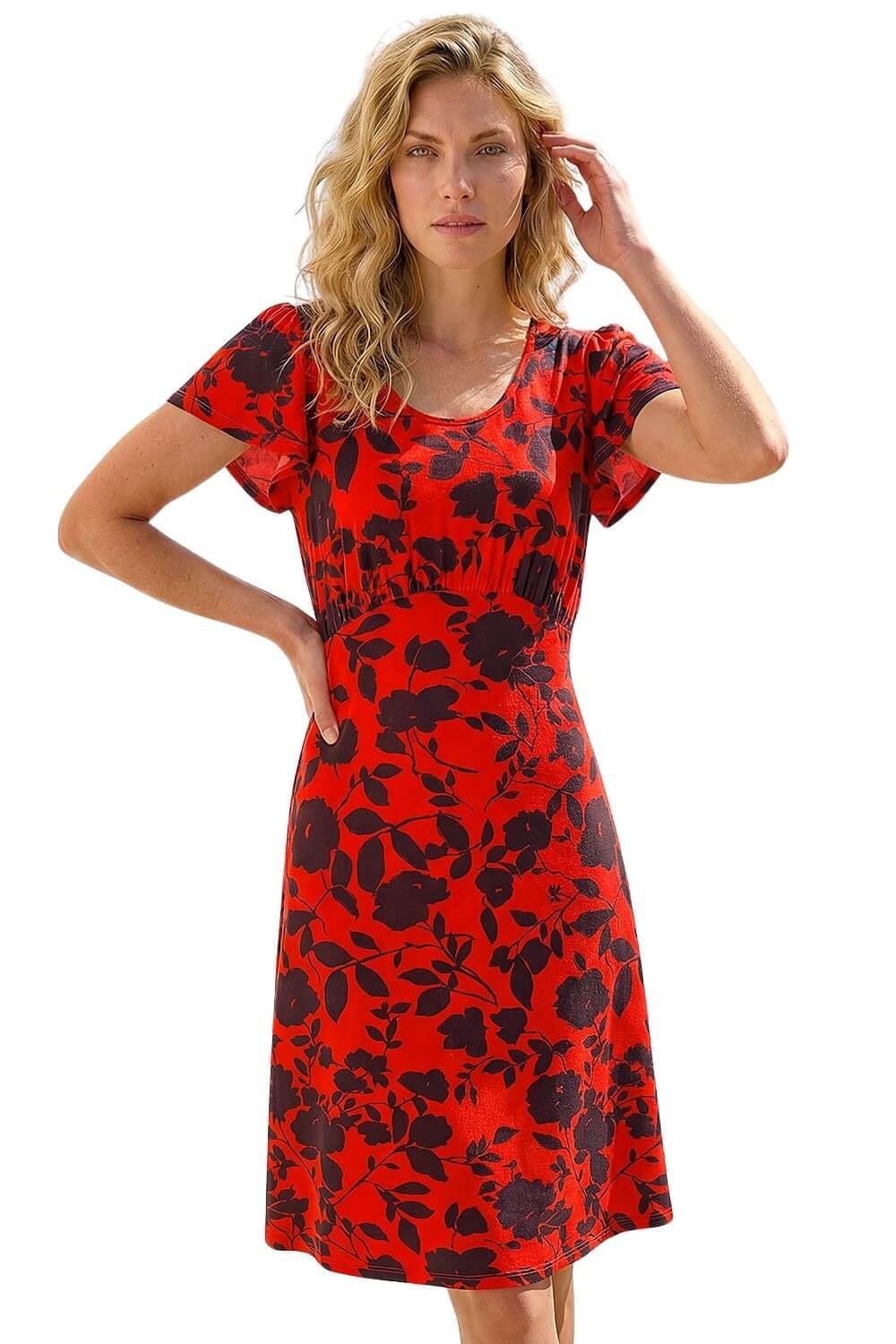 Roman Originals Ditsy Floral Print Stretch Dress for Women UK - Ladies Everyday Holiday Spring Summer Round Neckline Comfy Soft Evening Vacation Work Party - Red - Size 18