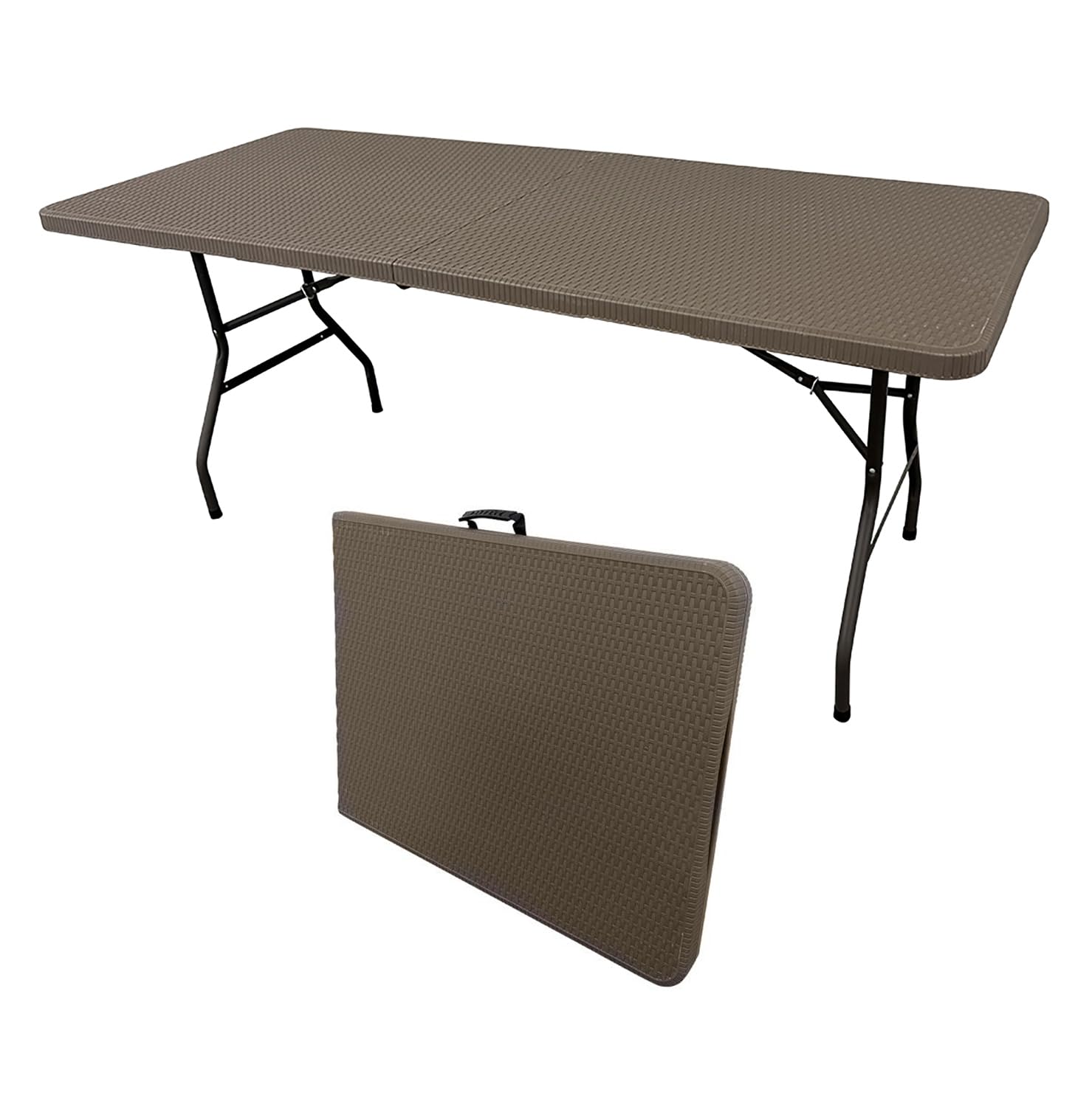 The Homeweeks Mesa Plegable Solid Efecto Ratan Marrón 180cm | portátil | Normativa Uso público | INT/ext | Tablero Resina HDPE 3,5cm | Capacidad 6/8 pers. | Carga 150 kg.