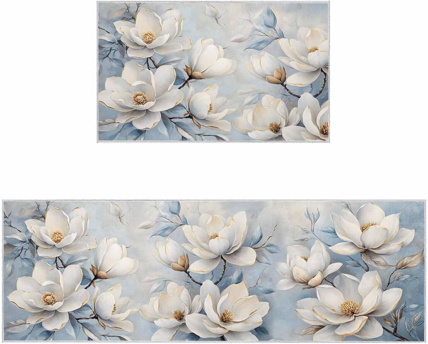 2 Pieces Kitchen Rugs and Mats,Vintage Watercolor Magnolia Leaf Area Runner Rug Set Non Slip Floor Doormat Washable Carpet Standing Mat for Kitchen Sink Indoor Corridor,Farmhouse White Flowers