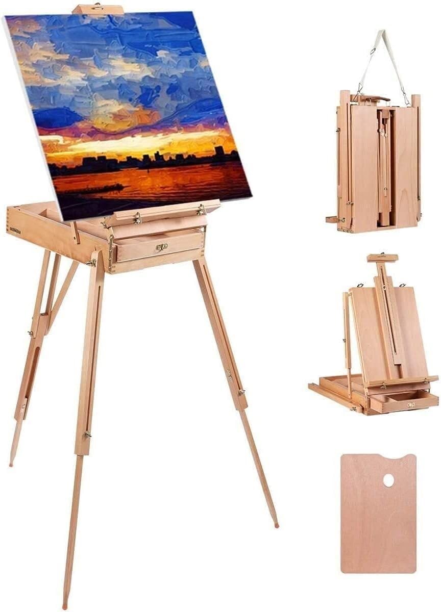 MYUYEE Easel Stand Easel Stand Wooden Easels For Painting Folding Art Easel French Style Adjustable Tripod Easel With Sketch Box Wooden Palette Shoulder Strap For Drawing Bracket