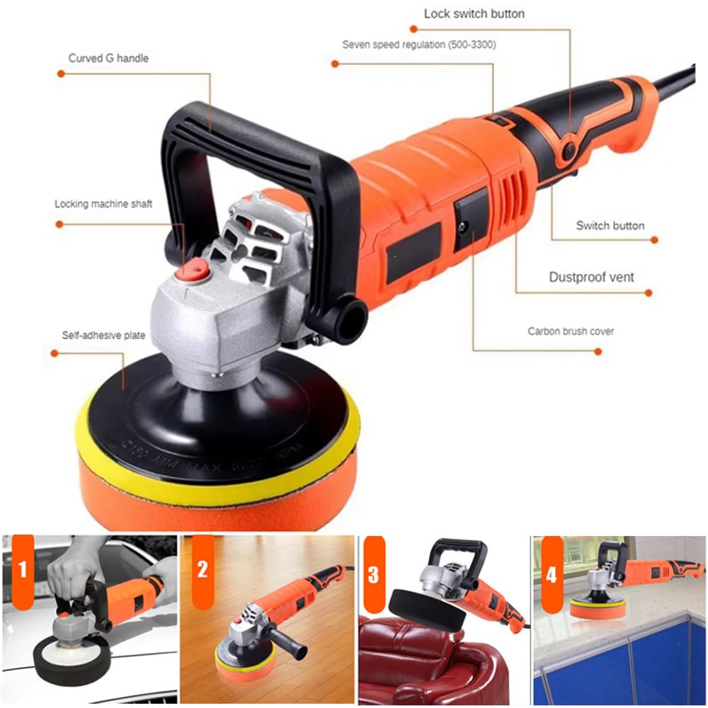 Pulidora De 1580 W, Pulidora Rotativa Con Encerador, 7 Velocidades Variables De 500 A 3300 Rpm, Mango Desmontable Para Pulir Y Encerar El AutomóVil