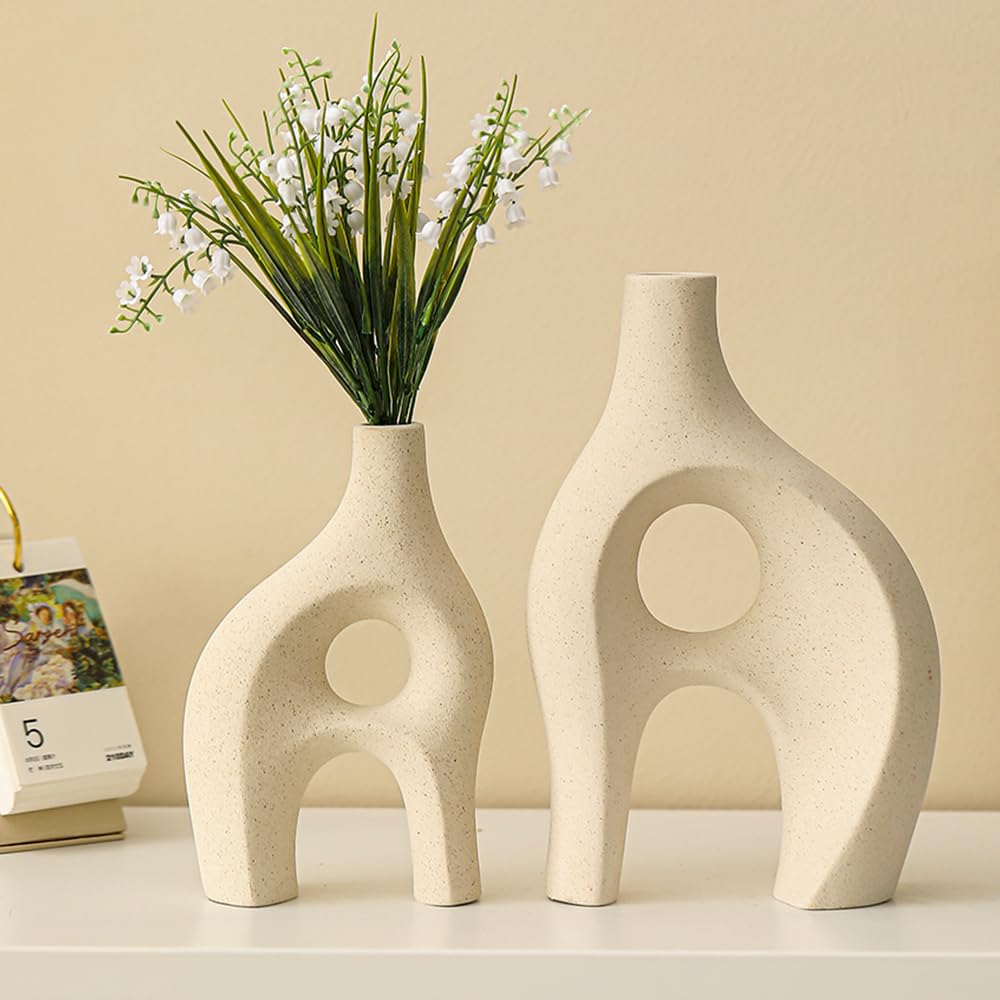Ceramic Vases for Home Decor Set of 2, Unique Farmhouse Beige Large White Flower Vase, Boho Modern Decorative Donut Vase for Wedding Living Dining Room Entryway Bookshelf Coffee Table Décor