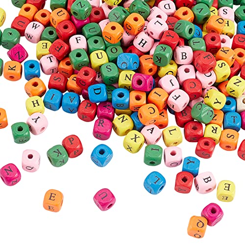 OLYCRAFT 300pcs Multicolor Wood Square Letter Beads 10mm Random Mixed Letters for DIY Crafts, 300pcs-Dyed