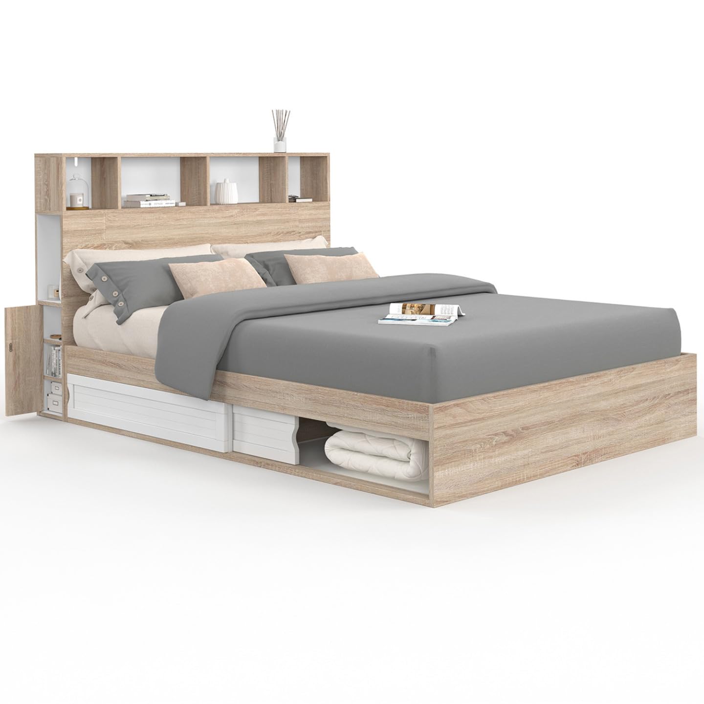 IDMarket - Lit Double Clem avec rangements + tête de lit et sommier 140 x 190 cm hêtre et Blanc