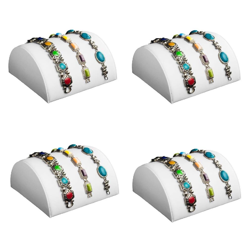 888 Display - 4 Piece Set White Faux Leather Half Moon Bracelet Showcase Display Stand 5 1/8