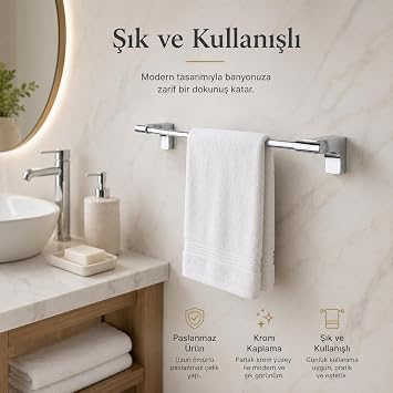 Alper Banyo F1 Model Lüx Krom Paslanmaz Uzun Havlu Askısı, 40 cm, Montajlı Metal Uzun Havluluk, Parlak Krom Kaplama Banyo Aksesuarı, Duvara Vidalı Havlu Tutucu, 5 Yıl Garantili