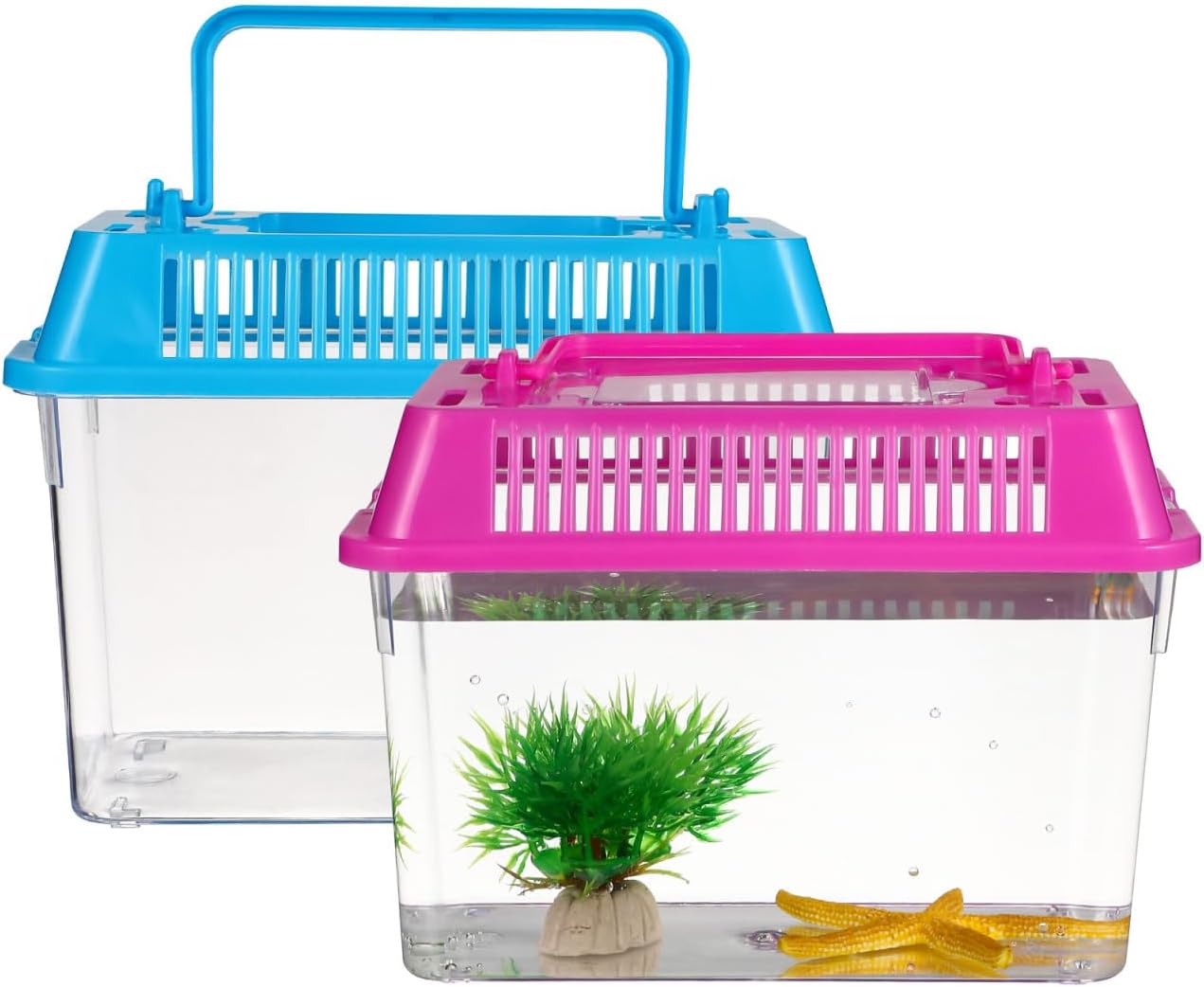 HANABASS Mini Fish Tank with Lid, Handheld Transparent Fish Box, Plastic Small Transparent Aquarium with Handle, Turtle Tortoise Habitat Tank, 5.9×4.3×3.7 Inches