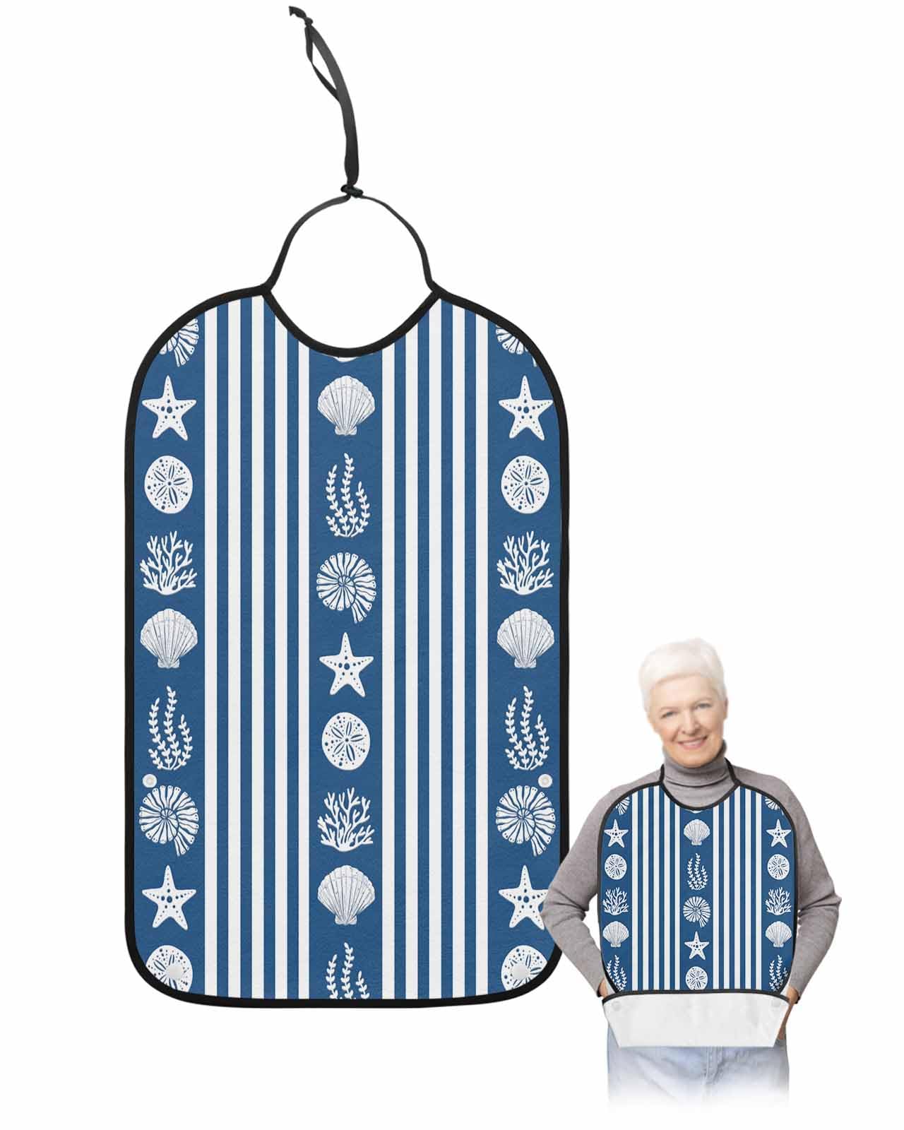LEOKOTI Navy Blue Striped Coastal Adult Bibs for Eating, Waterproof Bibs with Food Catcher & Adjustable Snap Closure, Nautical Beach Starfish Shell Washable Clothing Protectors Adult Bibs for Elderly