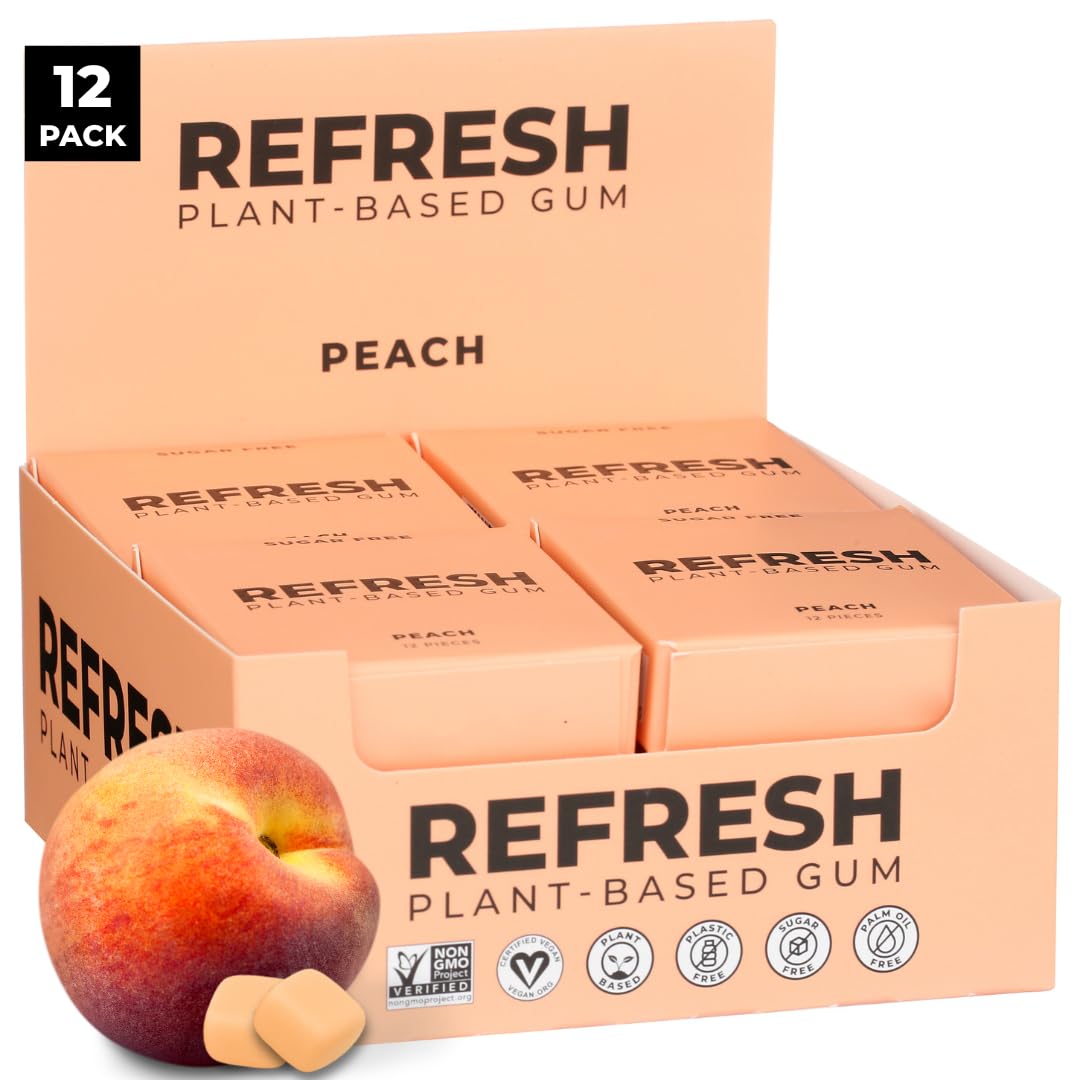 Refresh Gum Natural Xylitol Chewing Gum, Plastic Free, Organic Ingredients, Vegan, Non GMO, Gluten Free, Plant-Based, Natural Flavors, Garden Mint, 12 Pack (Peach)