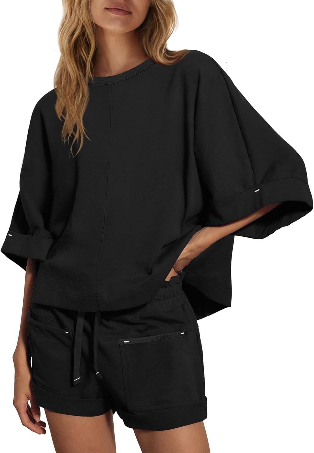 ReachMe Womens 2 Piece Lounge Short Set Oversized Half Sleeve Tops and Summer High Waisted Shorts with Pockets