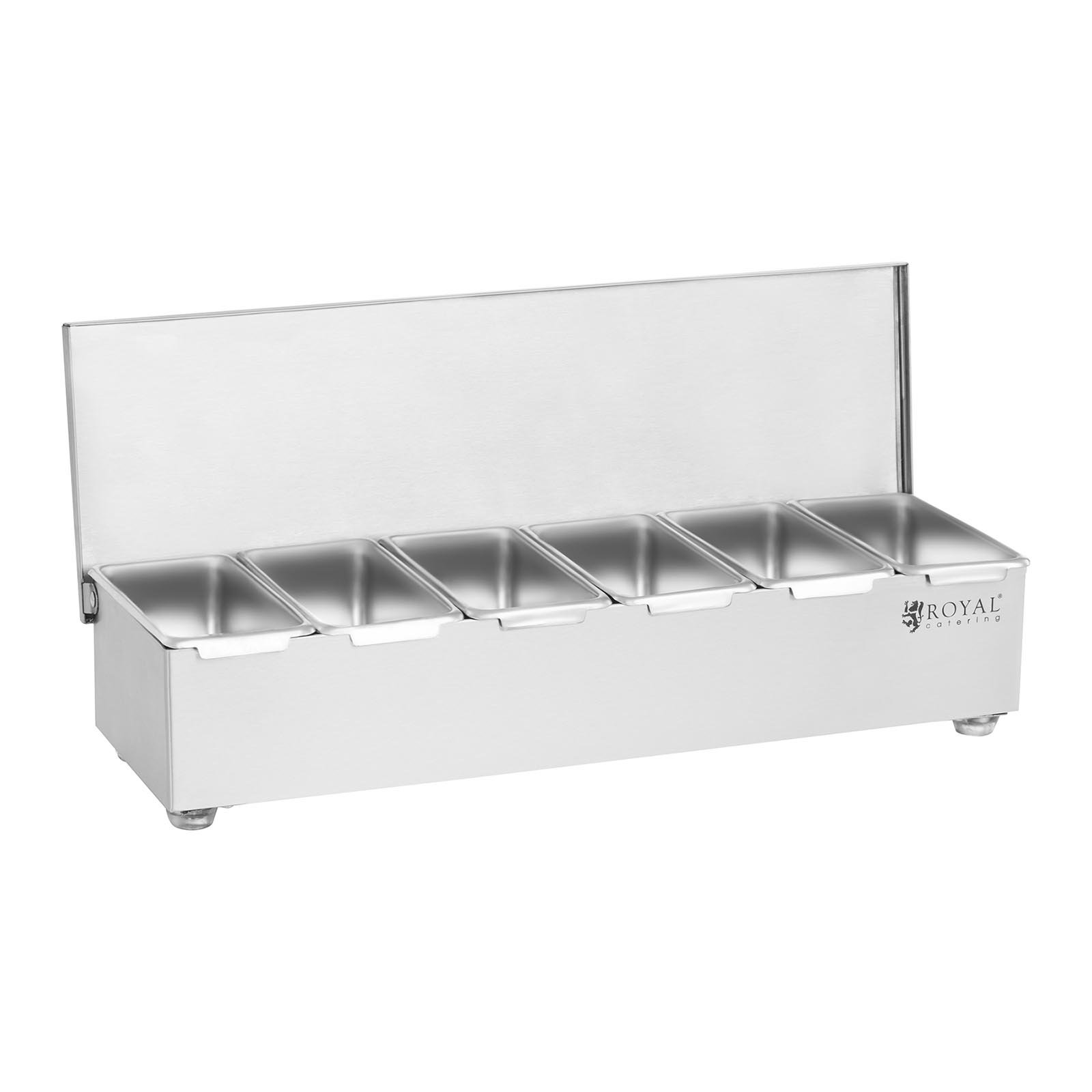 Royal Catering Contenitore Portacondimenti RCCBS 5 (Acciaio inox, 6 contenitori, Capacità di ciascun contenitore: 450 ml, Copertura in acciaio inox, 45,2 x 15 x 8,8 cm)