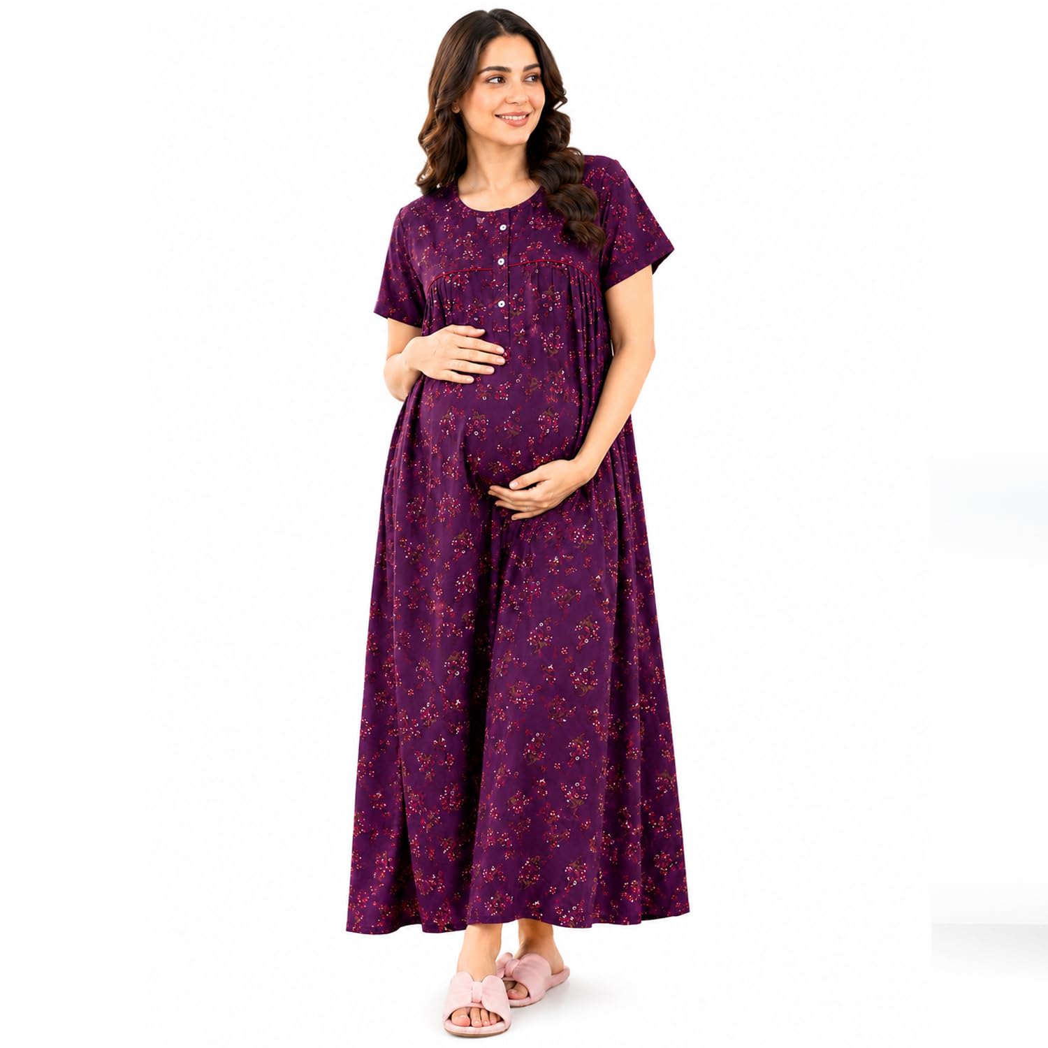 Women's Cotton Maxi Maternity Nighty/Feeding Nighty/Pregnancy Night Gown/A-Line Nursing Nighty with Zippers for Nursing Pre and Post Pregnancy-image-11