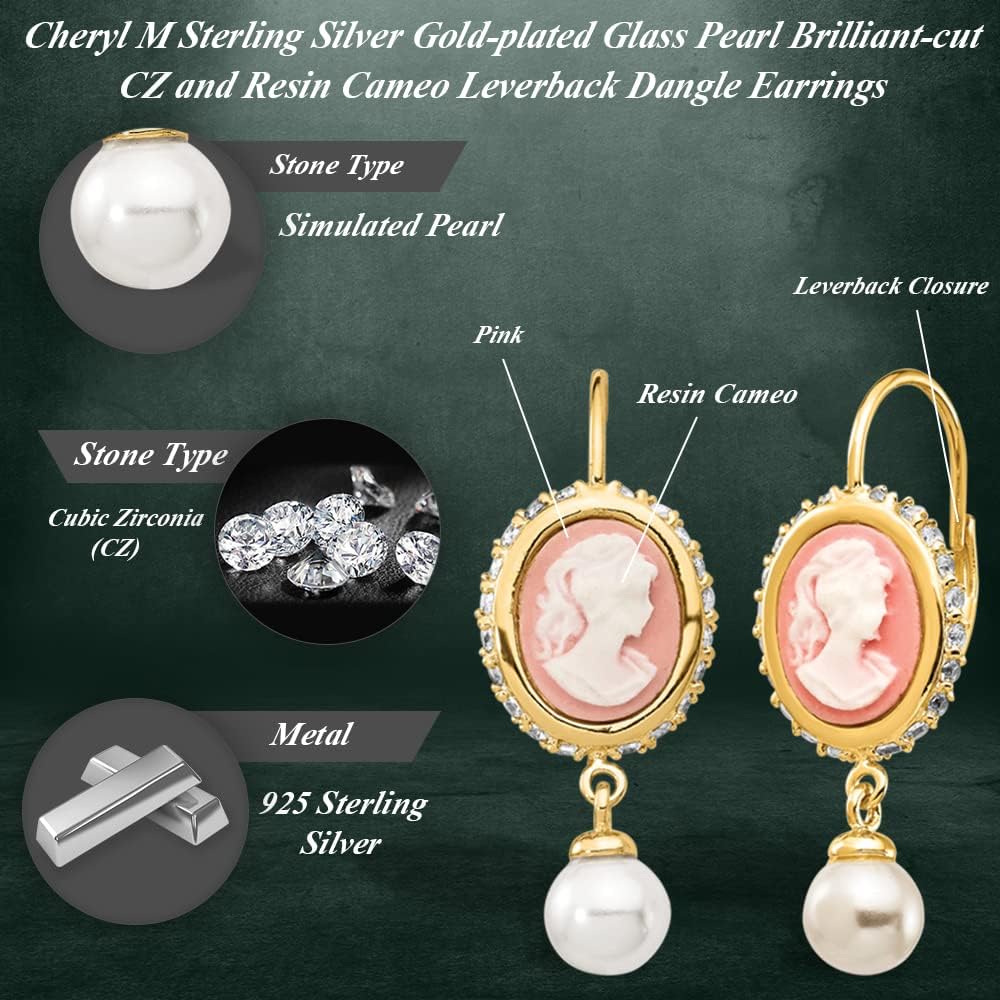 925 Sterling Silver Gold-plated Simulated Pearl Cameo Dangle Earrings with Leverback (L- 1.11 Inch, W- 0.44 Inch)