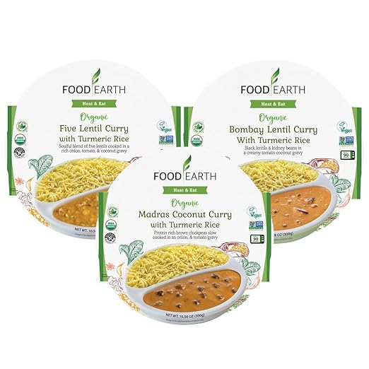 Food Earth Ready to Eat Indian Cuisine – Bombay Lentil Curry, Five Lentil Curry & Madras Coconut Curry with Turmeric Rice – Organic, Vegan, Gluten-Free – Pack of 3
