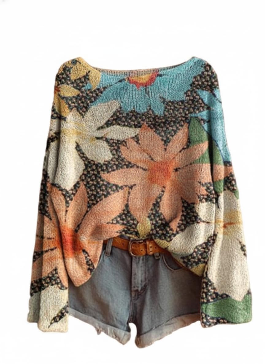 Womens Oversized Boho Knit Top Vintage Floral Artistic Graphic Loose Long Sleeve Lightweight Casual Vacation Sweater