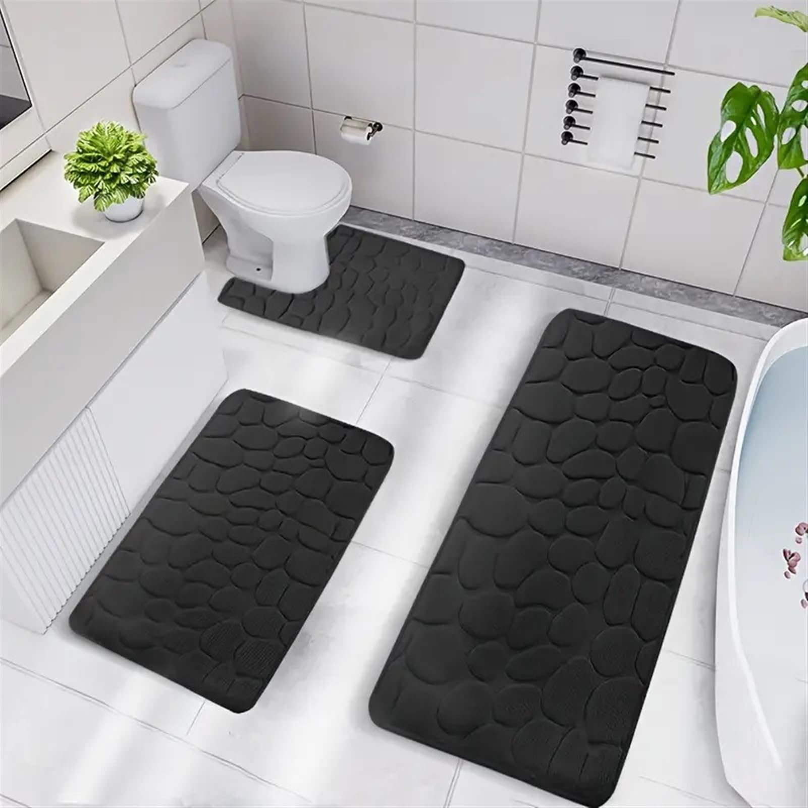 Badematte Sets 3 Stück rutschfest Waschbar Badezimmerteppich Weicher Memory Foam Badteppich Wasserabsorbierend Schwarz