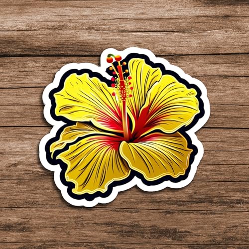 Image of Yellow Hibiscus Flower Sticker 5 Inch - Tropical Floral Vinyl Decal, Waterproof Bright Aesthetic Flower Sticker for Laptop, Water Bottle, Car, Notebook, Scrapbook