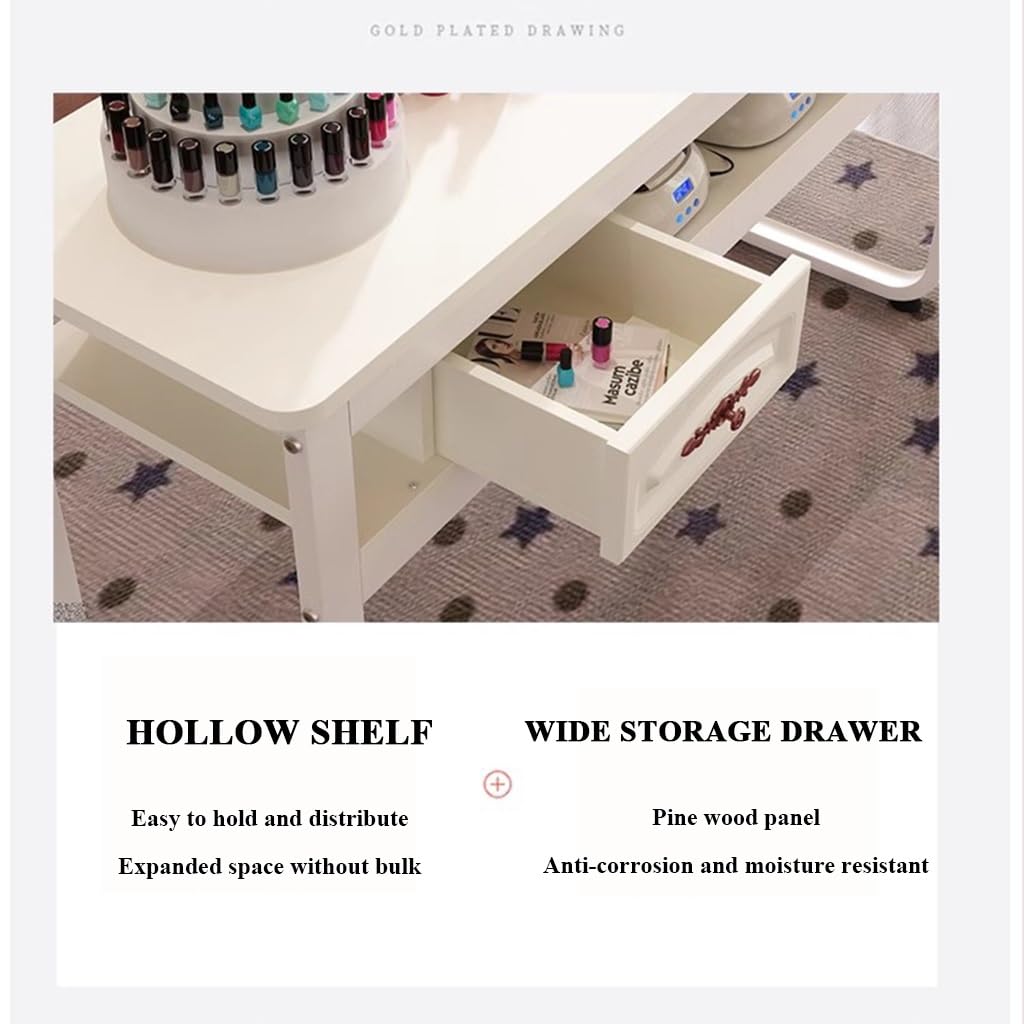 Biurko do makijażu paznokci z 2 szufladami, sprzęt do zdobienia paznokci, panel z drewna sosnowego, szafka do manicure, do salonu, domu, biura, stacja robocza (Styl 4, 140)