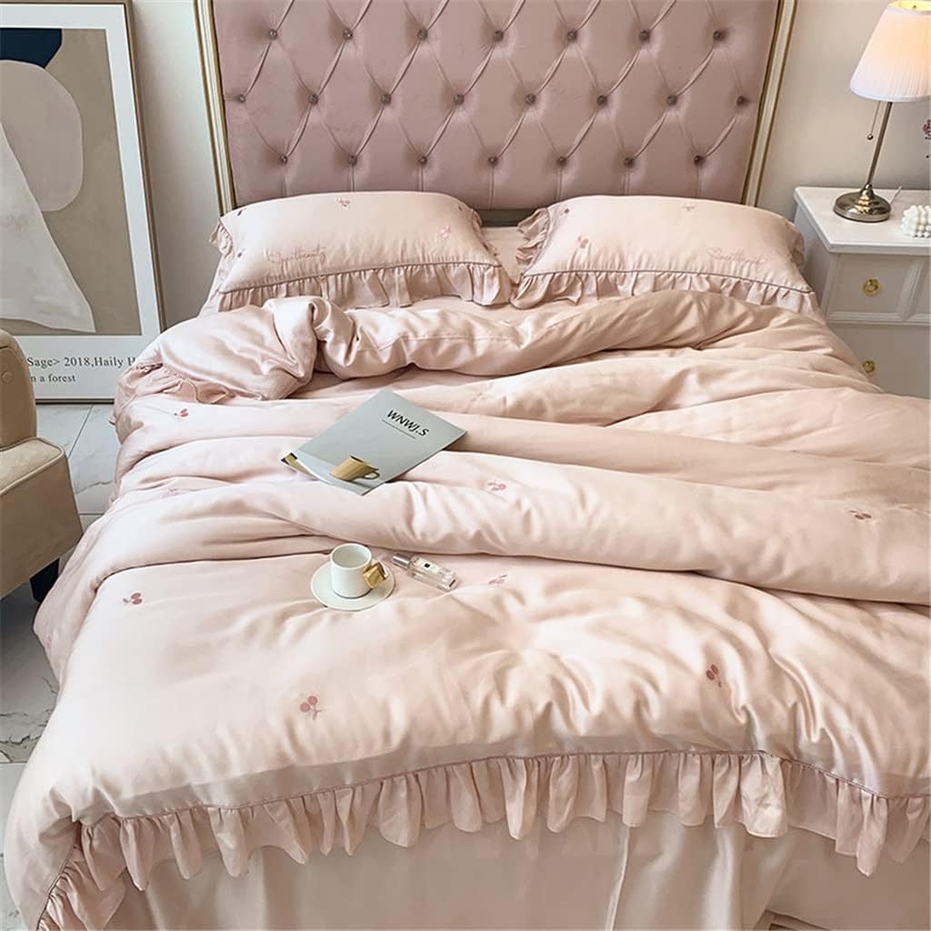 Home Textile Spring and Summer Lenzing Tencel Cherry Embroidery Four- Piece Ruffle Quilt Cover Bed Linen (Colour: Pink Size: 1.5 m) (Pink 1.8 m)