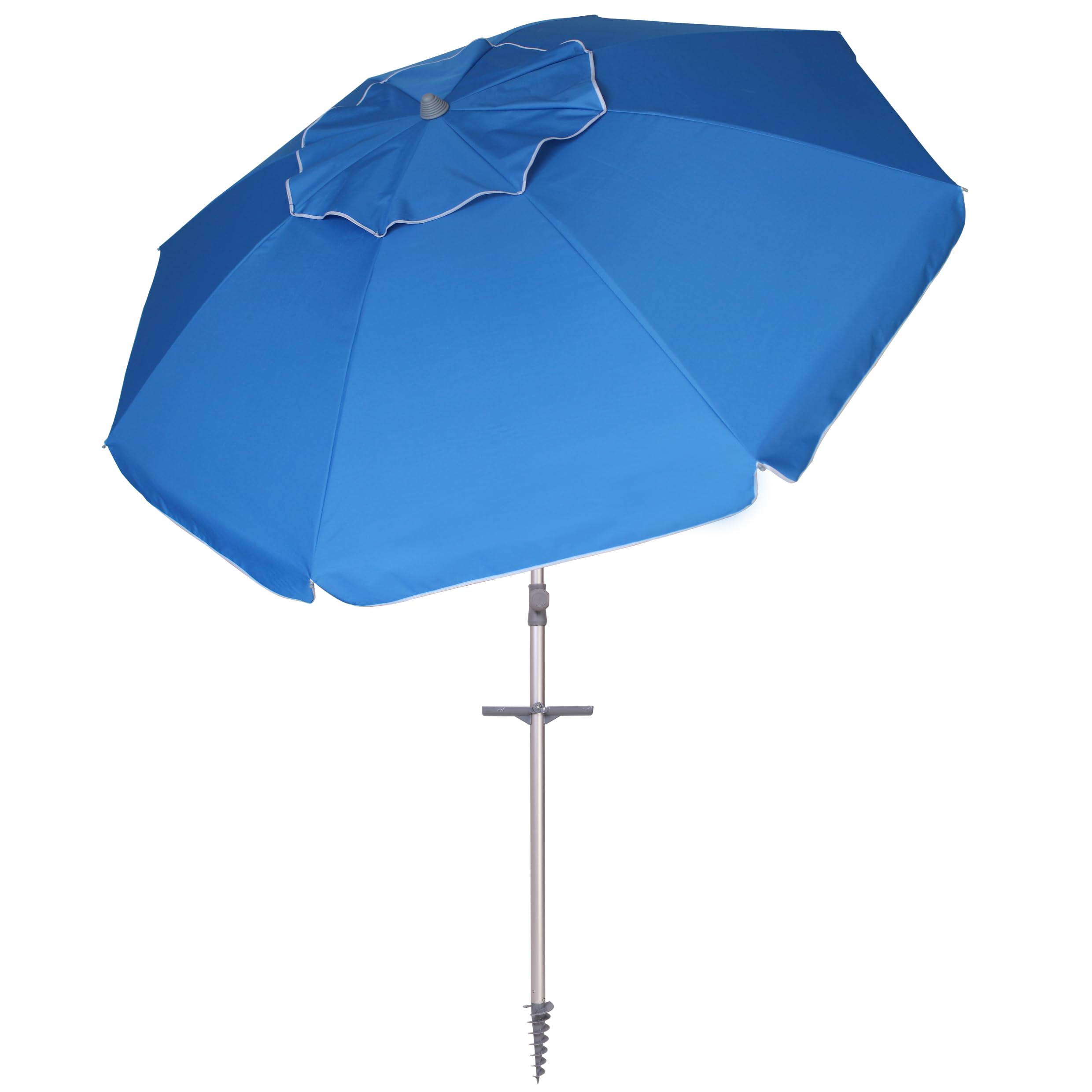 Ombrellone da Spiaggia Soffietto Antivento Ø 220cm Palo Inclinabile in Alluminio e Telo in Poliestere Azzurro Con Trivella in Plastica e Sacca Trasporto Protezione UV