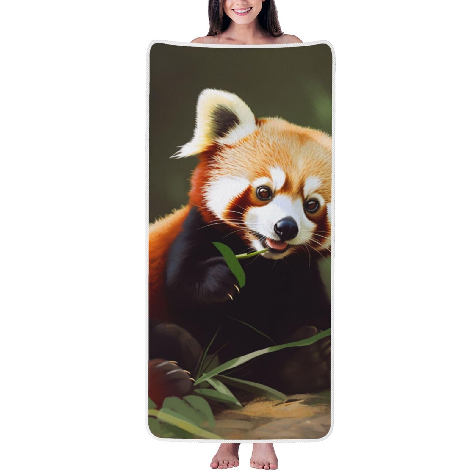 WPKJU Little Red Panda Printed Bath Towel with White Edging - 27x55 in Soft Extra Absorbent Coral Velvet Shower Towels for Bathroom