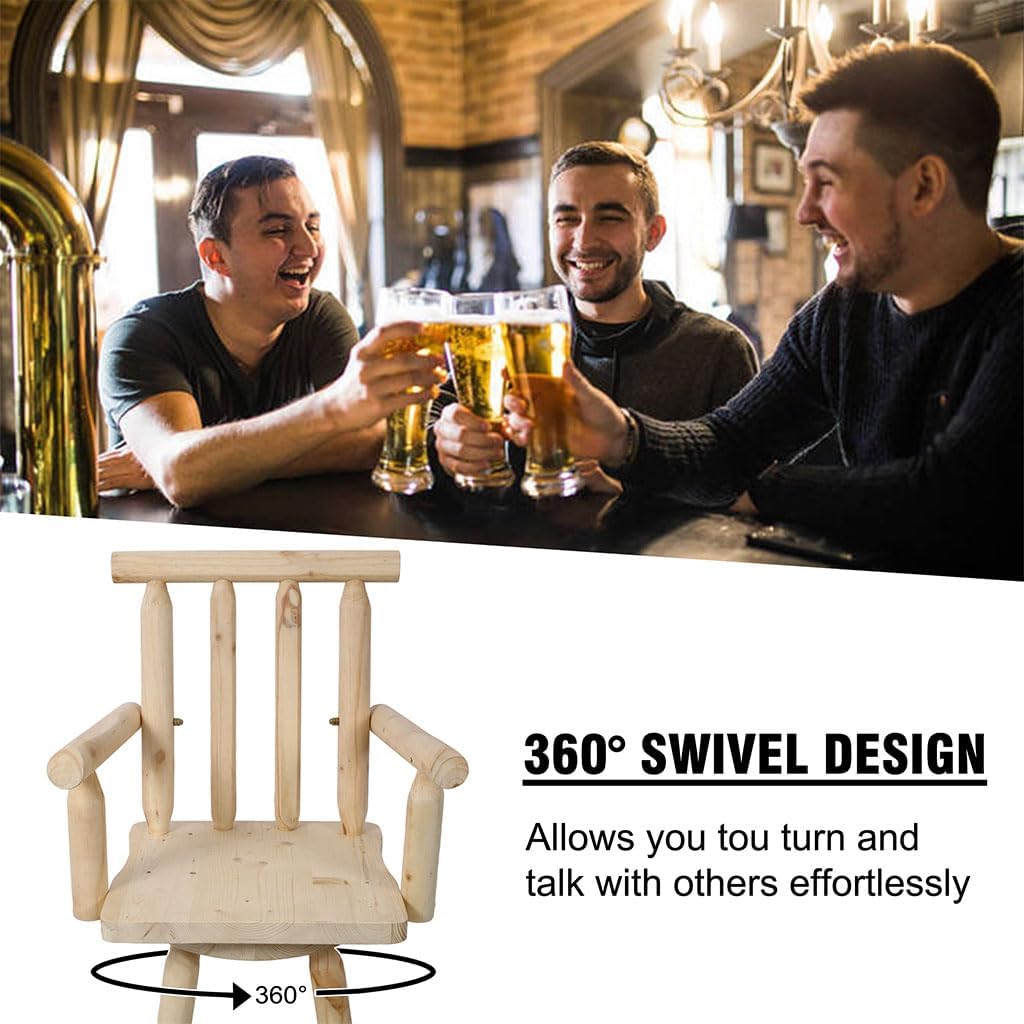 Log Swivel Bar Stool - Rustic Fir Wood Construction Bar Stools - Solid Wood Counter Height Bar Chairs Barstools for Kitchen, Dining Room,Natural