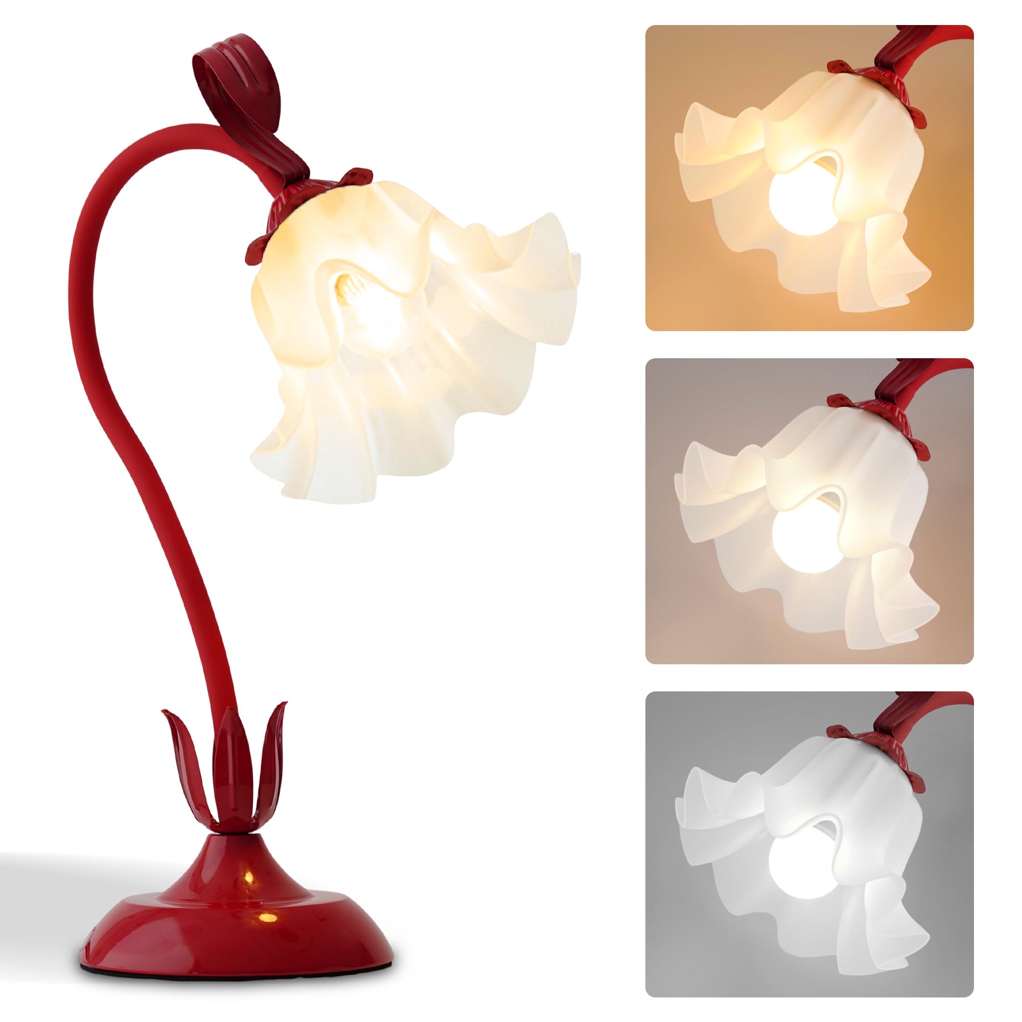 Flower Table Lamp,Bedside Table Lamp for Bedroom LED Reading Light 3 Color Modes,Vintage Flower Lamp Kawaii Table Lamps Desk Living Room Home Decor Mothers Day Birthday Gifts for Mom Women (Red lamp)