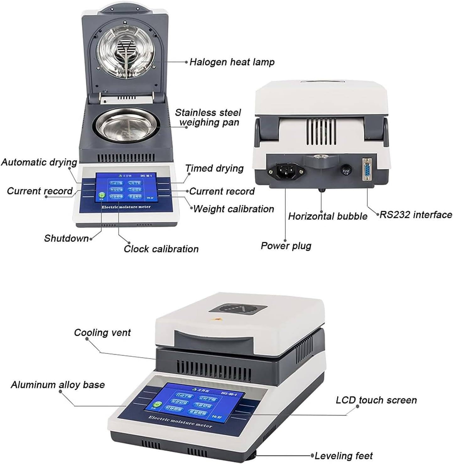 FAXIOAWA Digitaler Labor-Feuchtigkeitstester, Halogen-Feuchtigkeitsanalysator, 50 g x 0,005 g, LCD-Touchscreen, 0,02% Ablesbarkeit, 2 Trocknungsmodi für Landwirtschaft, Medizin, Kunststoff