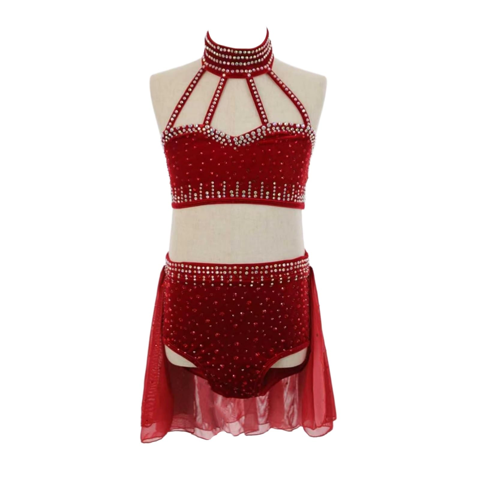 Conjunto de danza rojo 2 piezas con pedrería mujer y adolescente