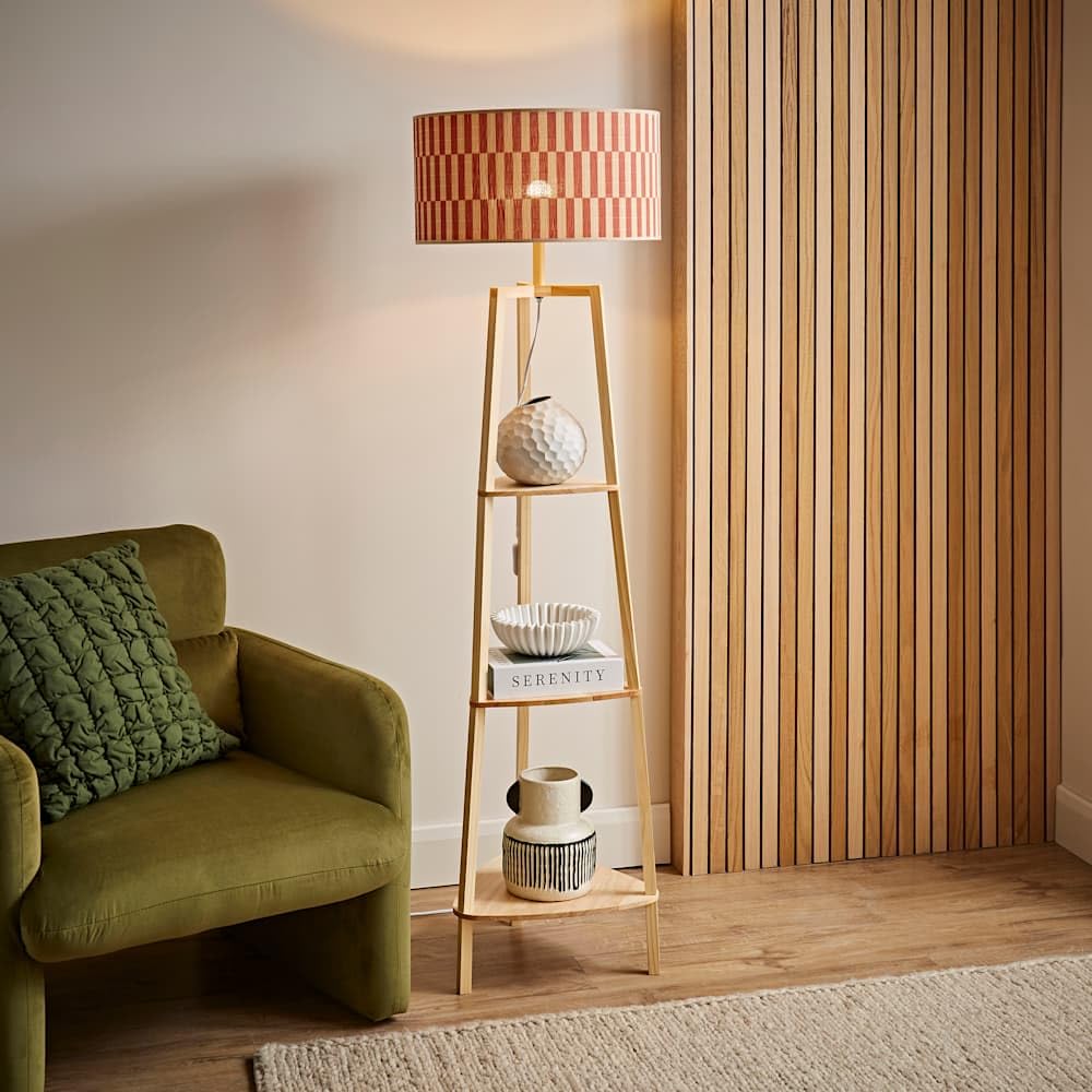 ValueLights - Floor Lamp - Bamboo Shade - Orange - Tripod Shelf