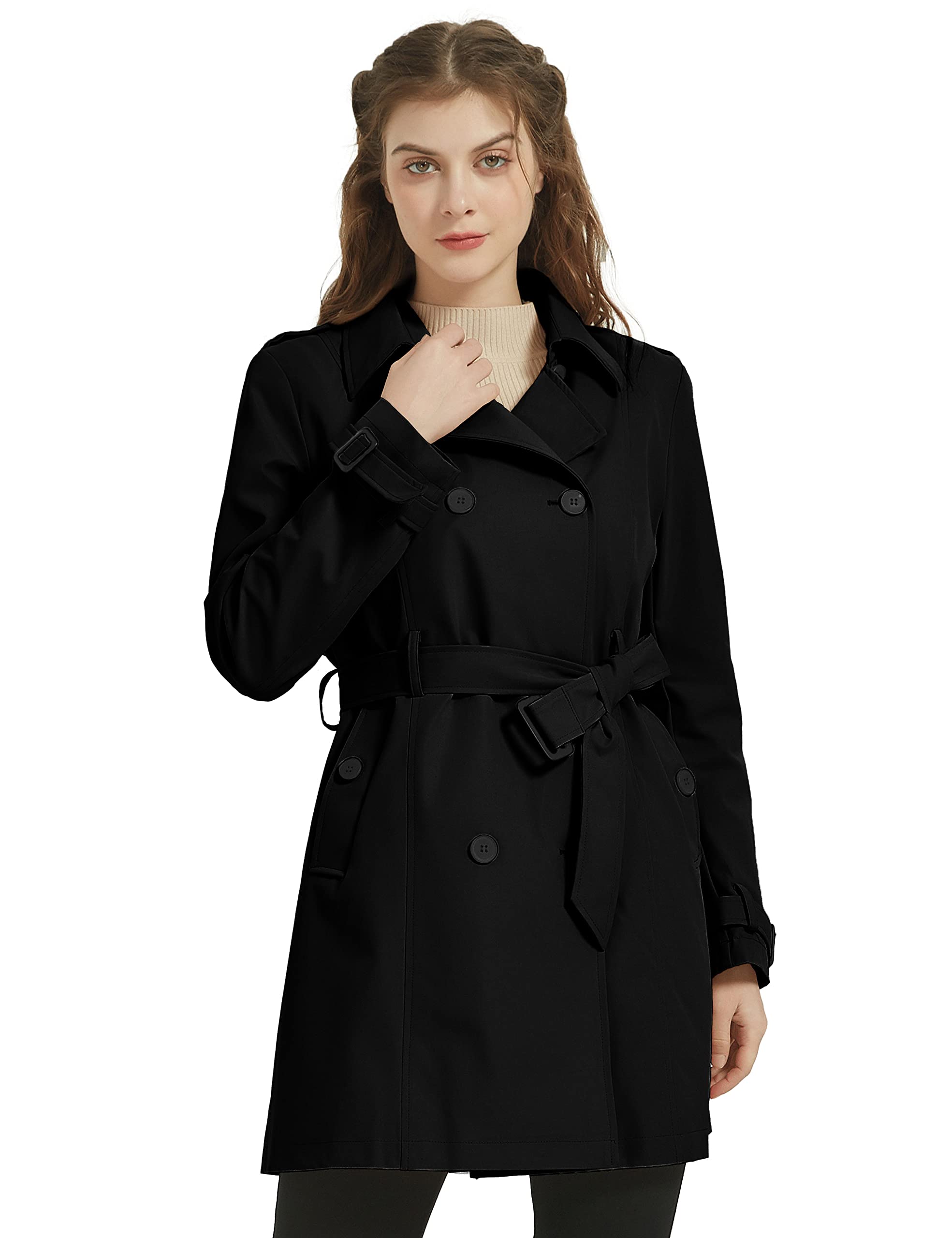 Wantdo Cappotto Primaverile da Donna Doppiopetto Lungo Trench Antivento Idrorepellente Leggera Casuale Giubbotto con Cintura Slim Fit
