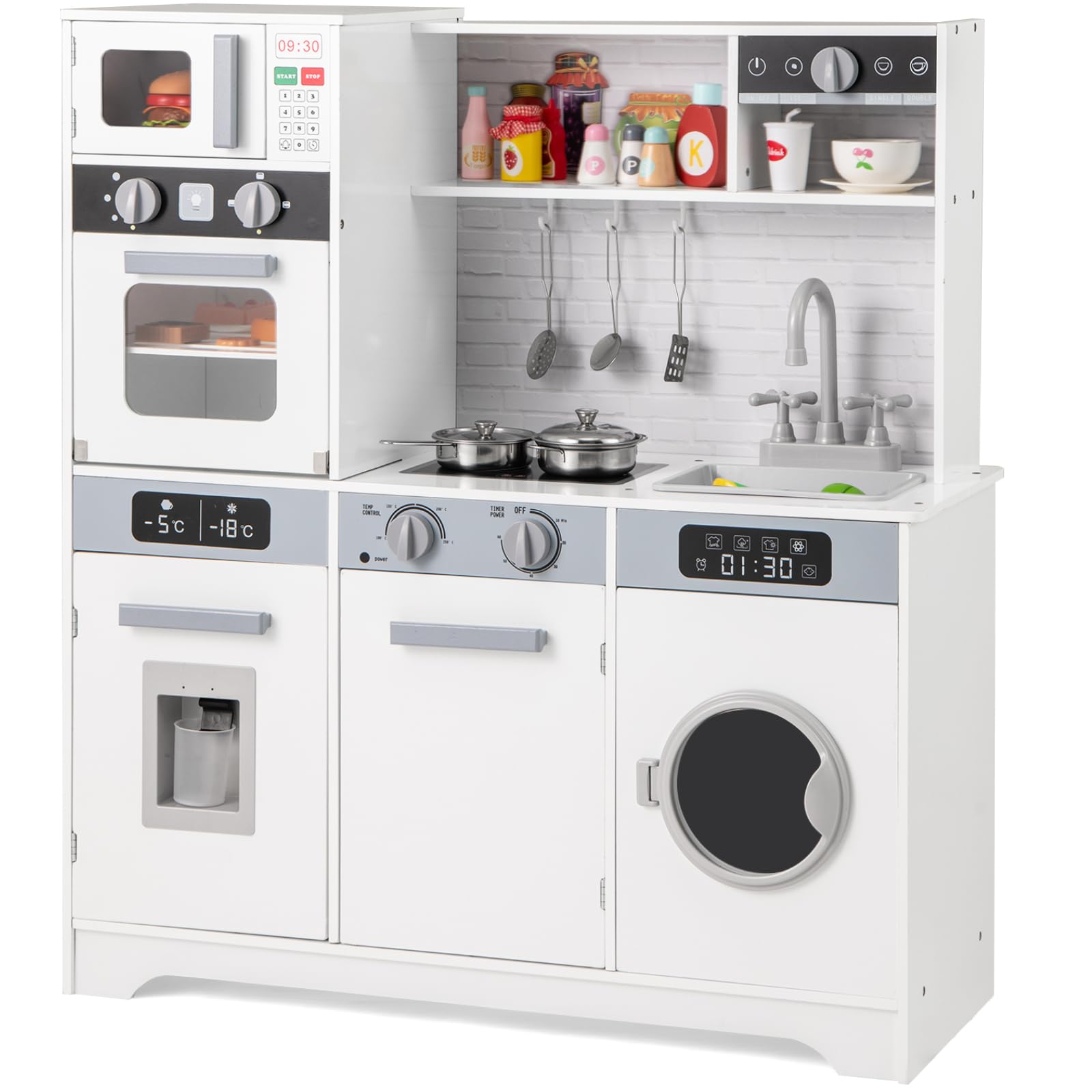 GYMAX Kids Play Kitchen, Wooden Toy Kitchen with Microwave, Water Dispenser, Washing Machine, Oven, Sounds, Lights, Sink, Cookware Accessories and Chef Pretend Kitchen for 3+ Years Old (White)
